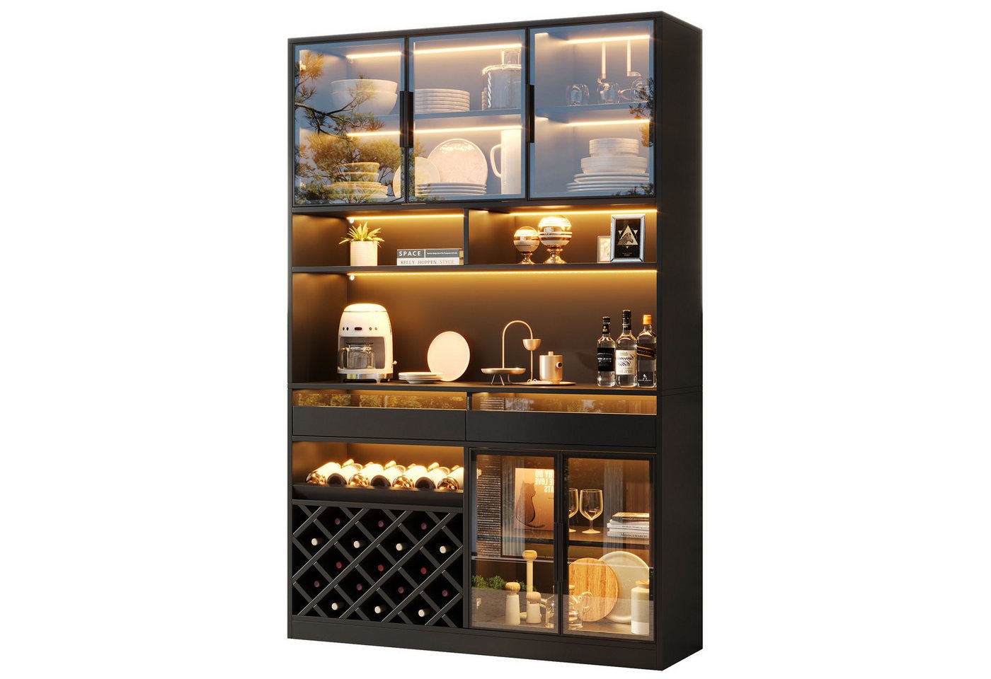 Flieks Küchenbuffet Hochschrank Glasvitrine mit LED-Beleuchtung, 5 Glastüren, Weinregal (B120×T38×H200 cm, 1-St., für Wohnzimmer, Esszimmer, Arbeitszimmer) Multifunktionsschrank Küchenschrank Vitrine Weinschrank Schwarz