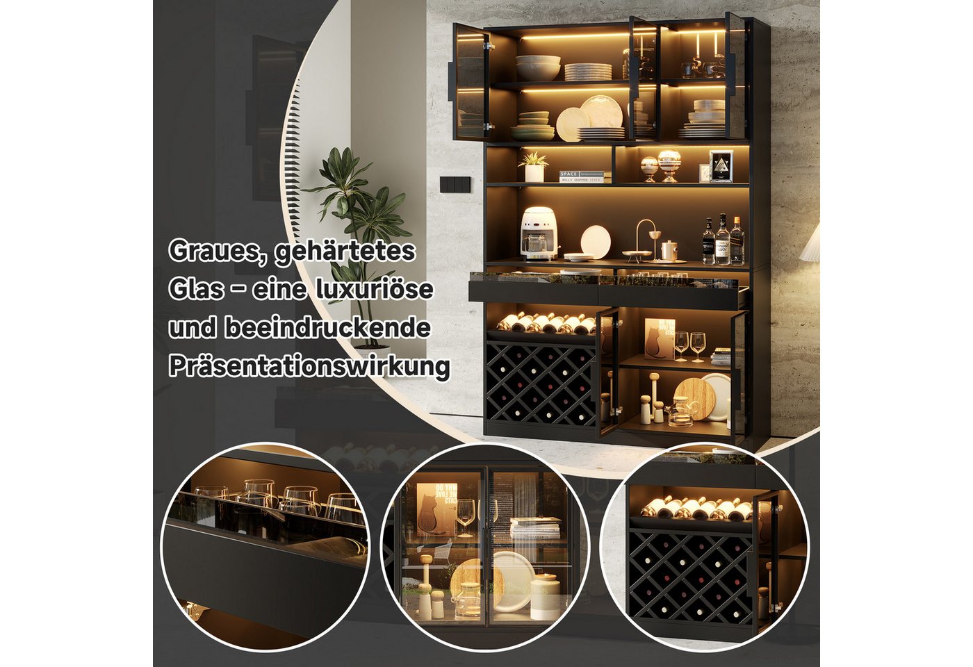 Flieks Küchenbuffet Hochschrank Glasvitrine mit LED-Beleuchtung, 5 Glastüren, Weinregal (B120×T38×H200 cm, 1-St., für Wohnzimmer, Esszimmer, Arbeitszimmer) Multifunktionsschrank Küchenschrank Vitrine Weinschrank Schwarz Bild 2