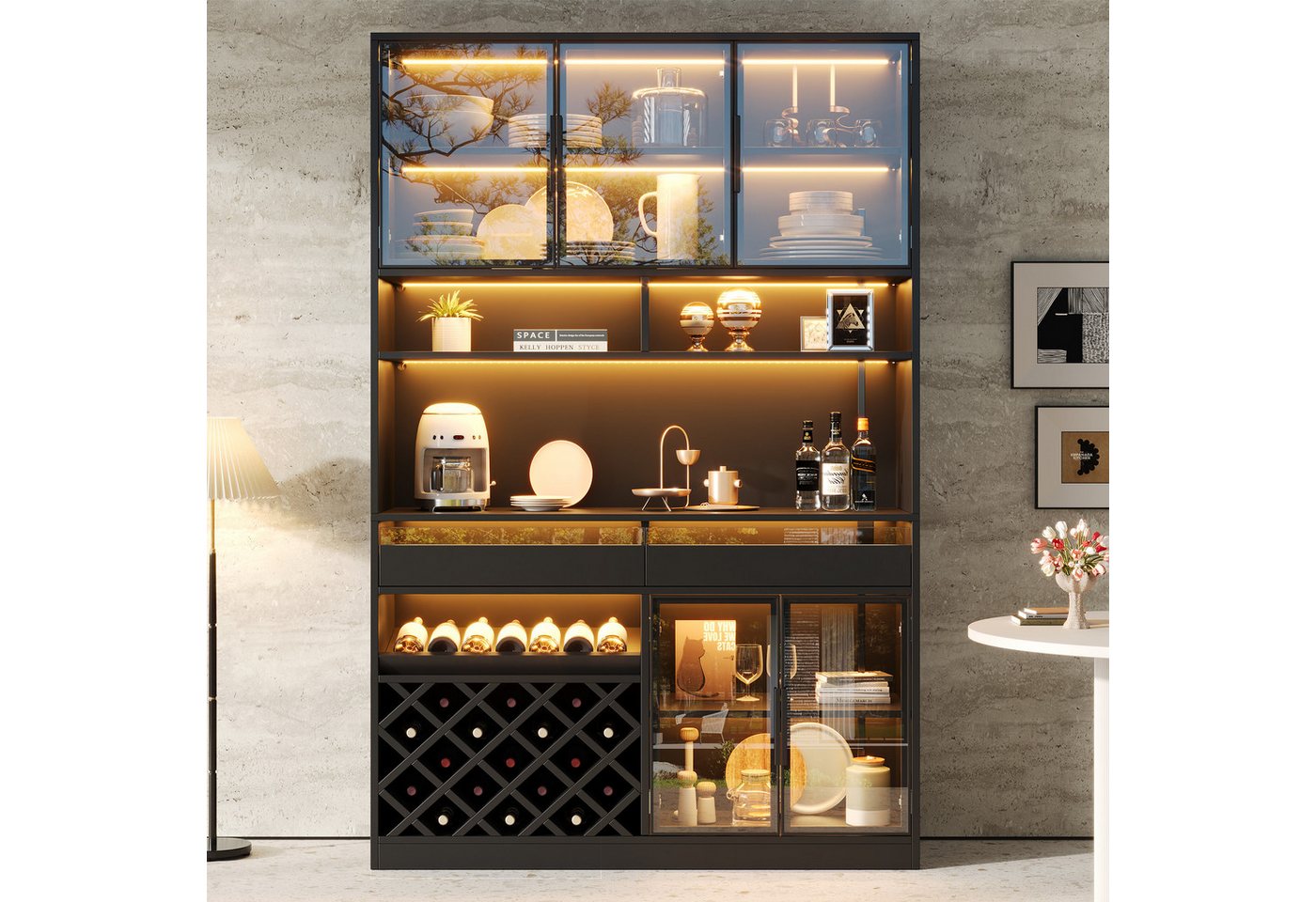 Flieks Küchenbuffet Hochschrank Glasvitrine mit LED-Beleuchtung, 5 Glastüren, Weinregal (B120×T38×H200 cm, 1-St., für Wohnzimmer, Esszimmer, Arbeitszimmer) Multifunktionsschrank Küchenschrank Vitrine Weinschrank Schwarz Bild 3