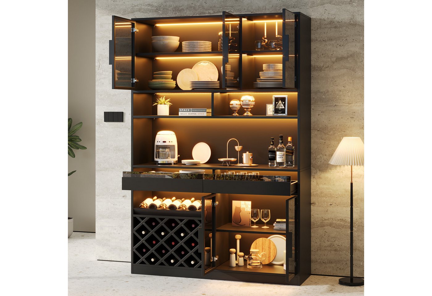 Flieks Küchenbuffet Hochschrank Glasvitrine mit LED-Beleuchtung, 5 Glastüren, Weinregal (B120×T38×H200 cm, 1-St., für Wohnzimmer, Esszimmer, Arbeitszimmer) Multifunktionsschrank Küchenschrank Vitrine Weinschrank Schwarz Bild 4