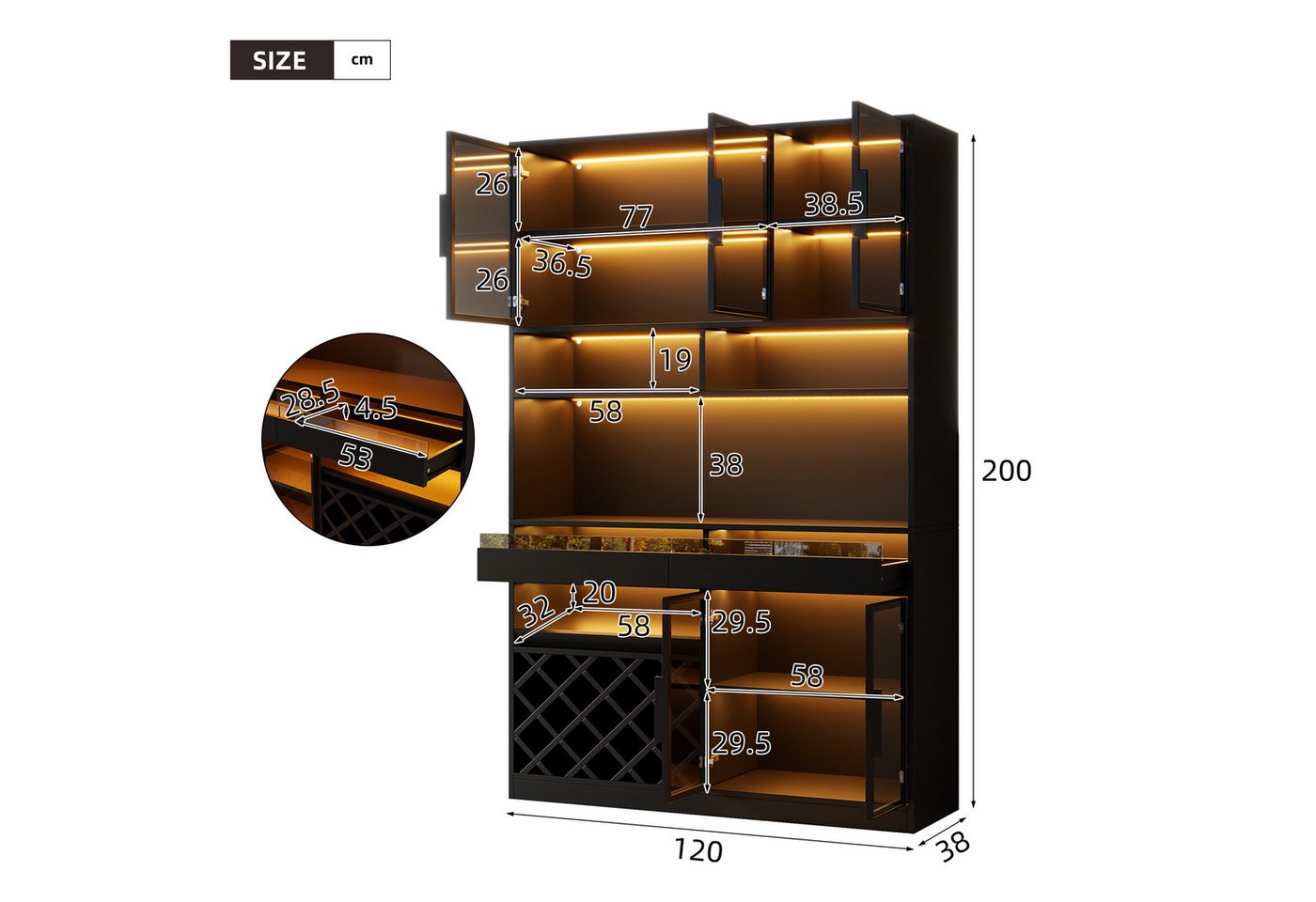 Flieks Küchenbuffet Hochschrank Glasvitrine mit LED-Beleuchtung, 5 Glastüren, Weinregal (B120×T38×H200 cm, 1-St., für Wohnzimmer, Esszimmer, Arbeitszimmer) Multifunktionsschrank Küchenschrank Vitrine Weinschrank Schwarz Bild 5