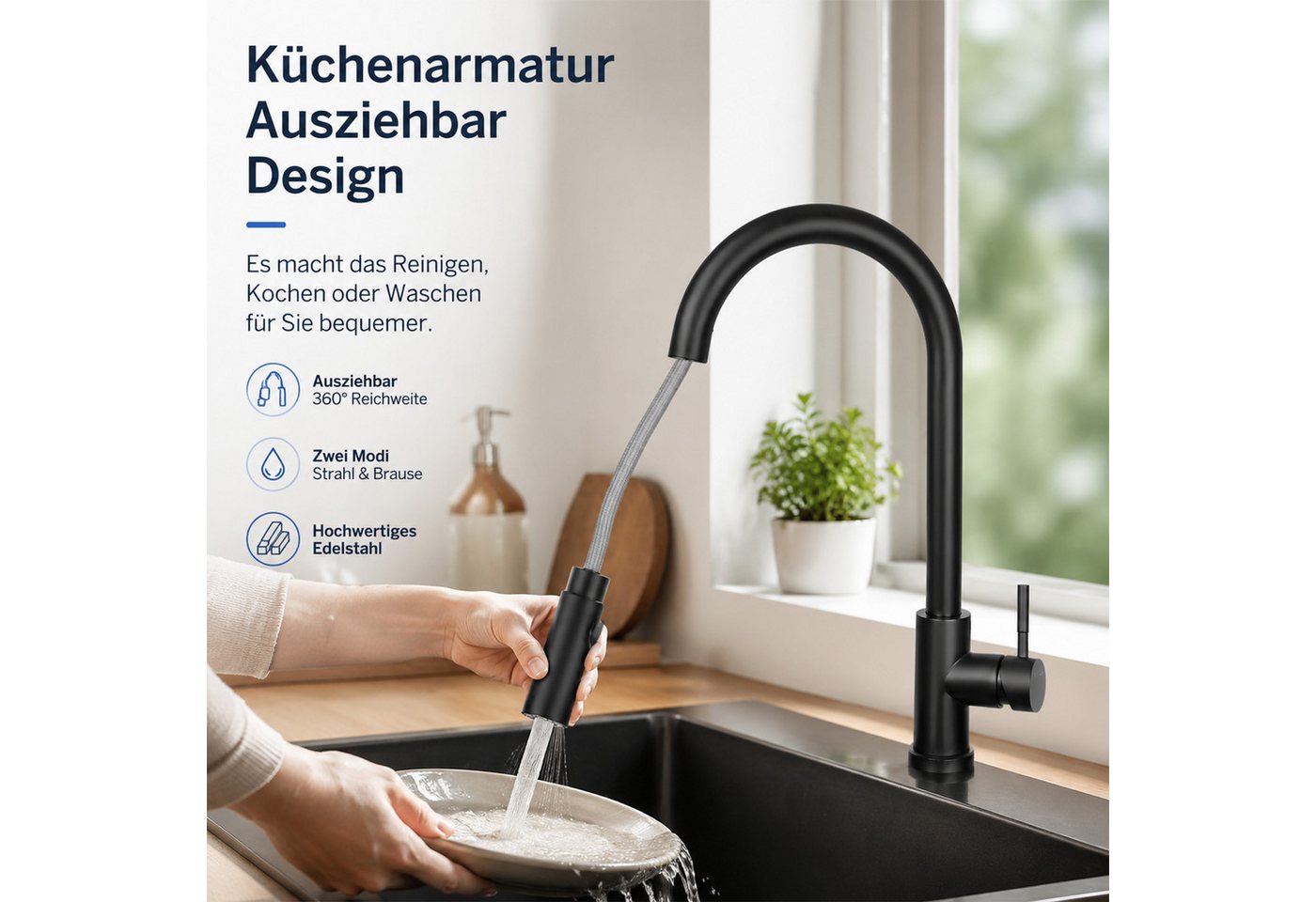 Ledklang Küchenarmatur ausziehbar Schwarz/silber 2-in-1 Wasserhahn Brausekopf Pendelbrause (1-St) Edelstahl-Optik hoher Auslauf 360° schwenkbar für Spüle & Waschbecken