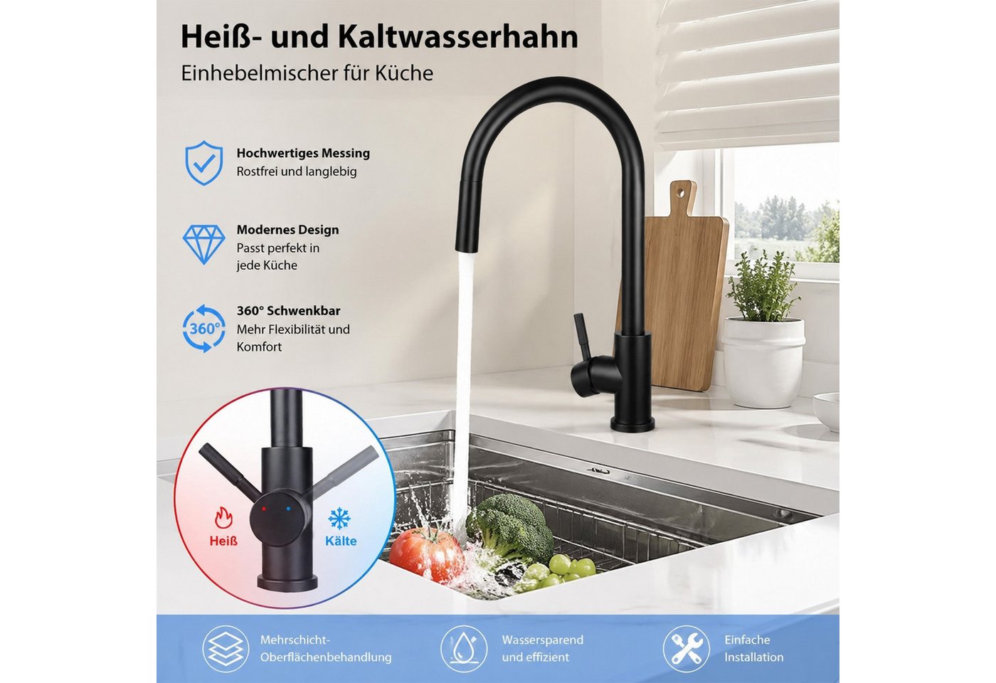 Ledklang Küchenarmatur ausziehbar Schwarz/silber 2-in-1 Wasserhahn Brausekopf Pendelbrause (1-St) Edelstahl-Optik hoher Auslauf 360° schwenkbar für Spüle & Waschbecken Bild 2