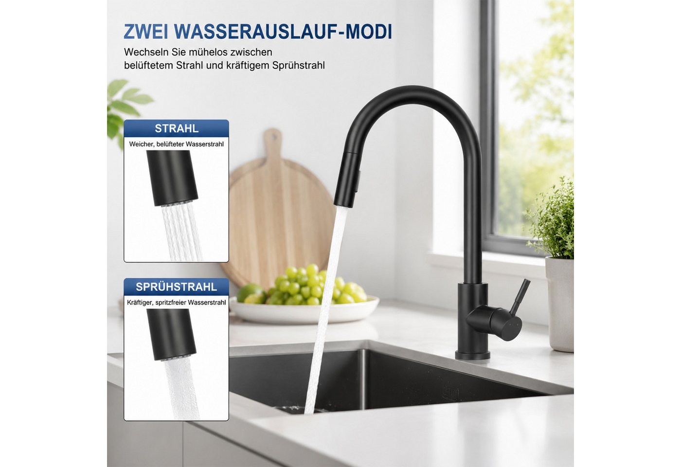 Ledklang Küchenarmatur ausziehbar Schwarz/silber 2-in-1 Wasserhahn Brausekopf Pendelbrause (1-St) Edelstahl-Optik hoher Auslauf 360° schwenkbar für Spüle & Waschbecken Bild 3