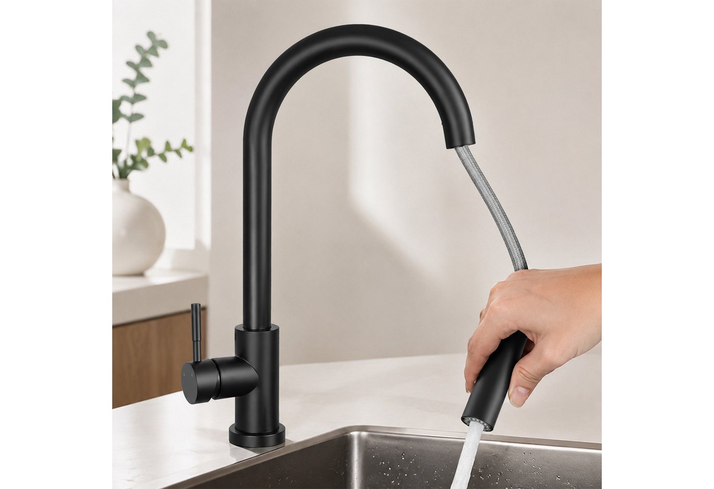 Ledklang Küchenarmatur ausziehbar Schwarz/silber 2-in-1 Wasserhahn Brausekopf Pendelbrause (1-St) Edelstahl-Optik hoher Auslauf 360° schwenkbar für Spüle & Waschbecken Bild 4