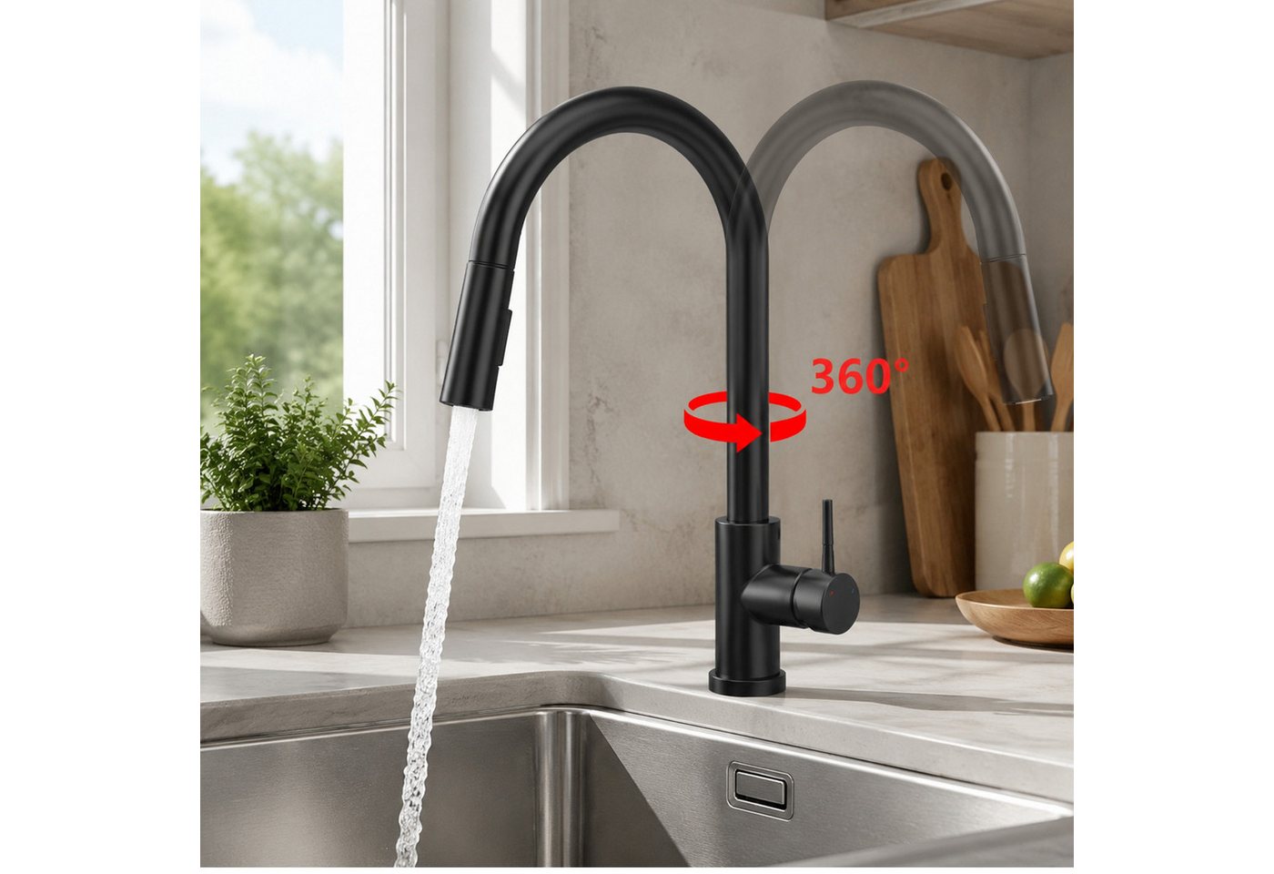 Ledklang Küchenarmatur ausziehbar Schwarz/silber 2-in-1 Wasserhahn Brausekopf Pendelbrause (1-St) Edelstahl-Optik hoher Auslauf 360° schwenkbar für Spüle & Waschbecken Bild 5