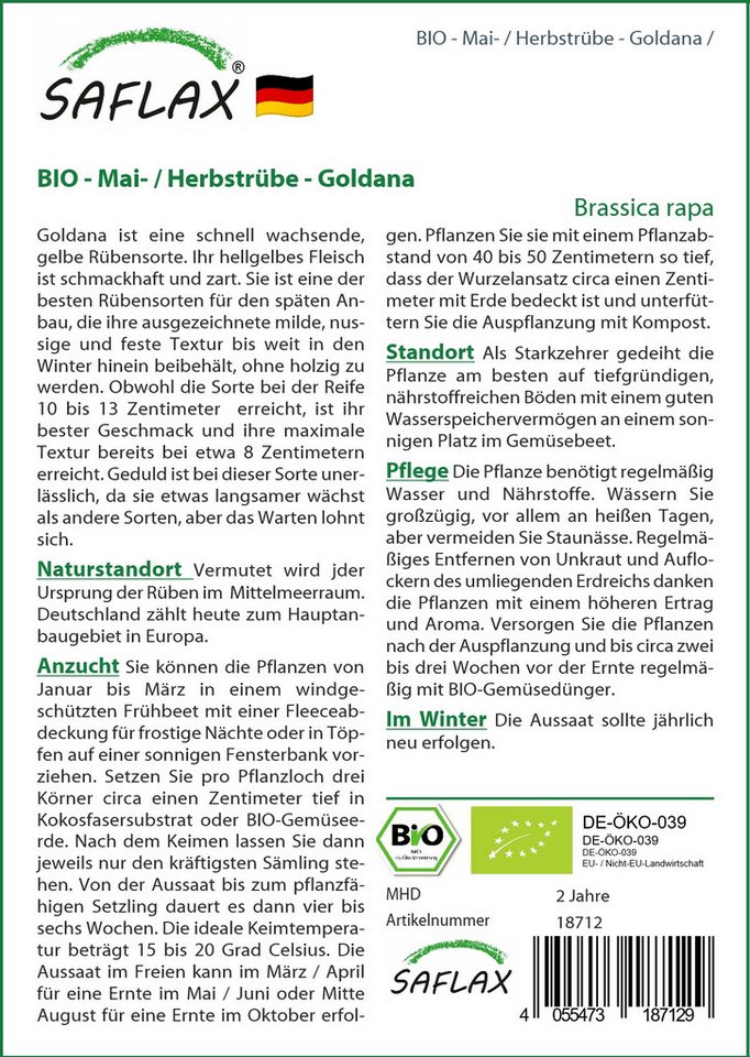 SAFLAX Gemüsesamen SAFLAX - Samen - BIO - Mai- / Herbstrübe - Goldana