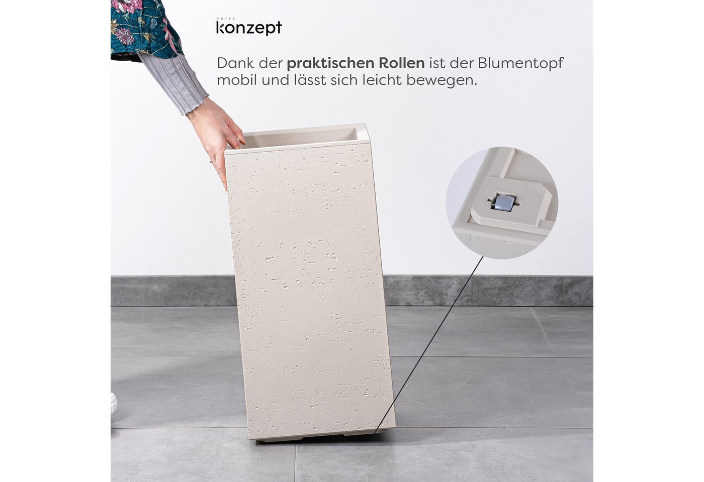 KONZEPT Pflanzkübel hoch in Beton-Optik mit Rollen und Drainage, 28,6 x 28,6 x 59,4 cm, Europäisches Produkt, für innen & außen, Leicht, Robust kunststoff Bild 2