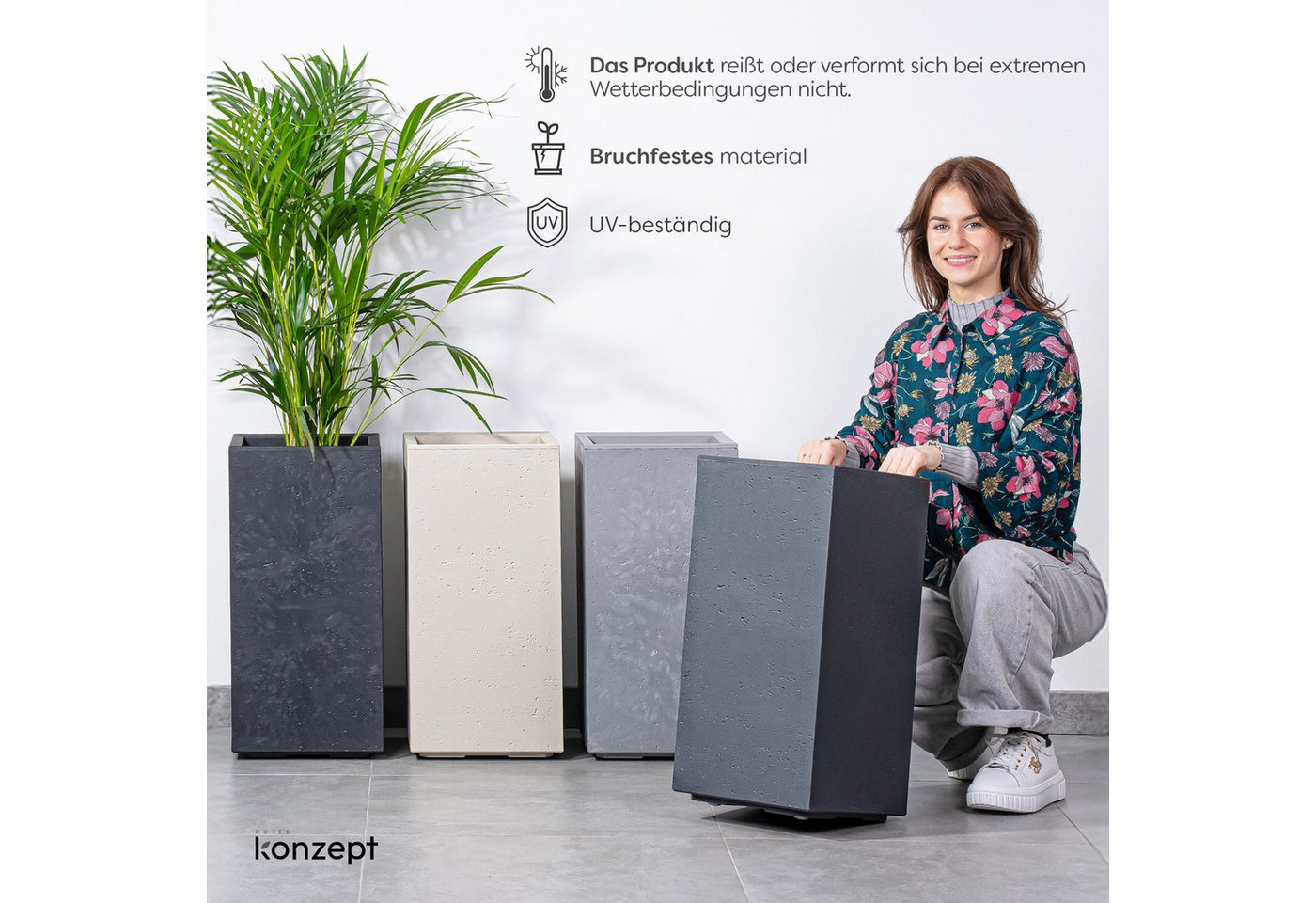 KONZEPT Pflanzkübel hoch in Beton-Optik mit Rollen und Drainage, 28,6 x 28,6 x 59,4 cm, Europäisches Produkt, für innen & außen, Leicht, Robust kunststoff Bild 3