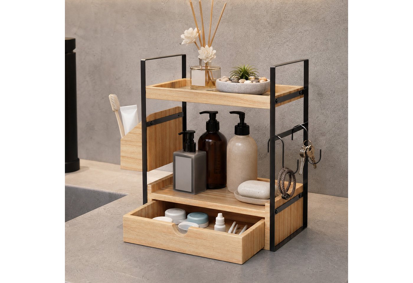 JEOBEST Standregal Badregal Küchenregal Gewürzregal, Multifunktionales Gewürzregal, (1St) 2-Ebenen Badezimmer Organizer mit Schubladen, Körben und 2 Haken