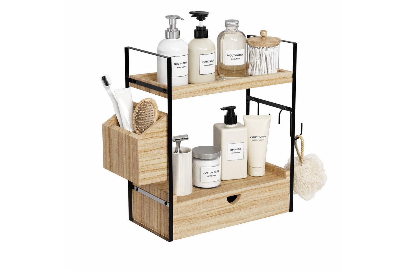 JEOBEST Standregal Badregal Küchenregal Gewürzregal, Multifunktionales Gewürzregal, (1St) 2-Ebenen Badezimmer Organizer mit Schubladen, Körben und 2 Haken Bild 3