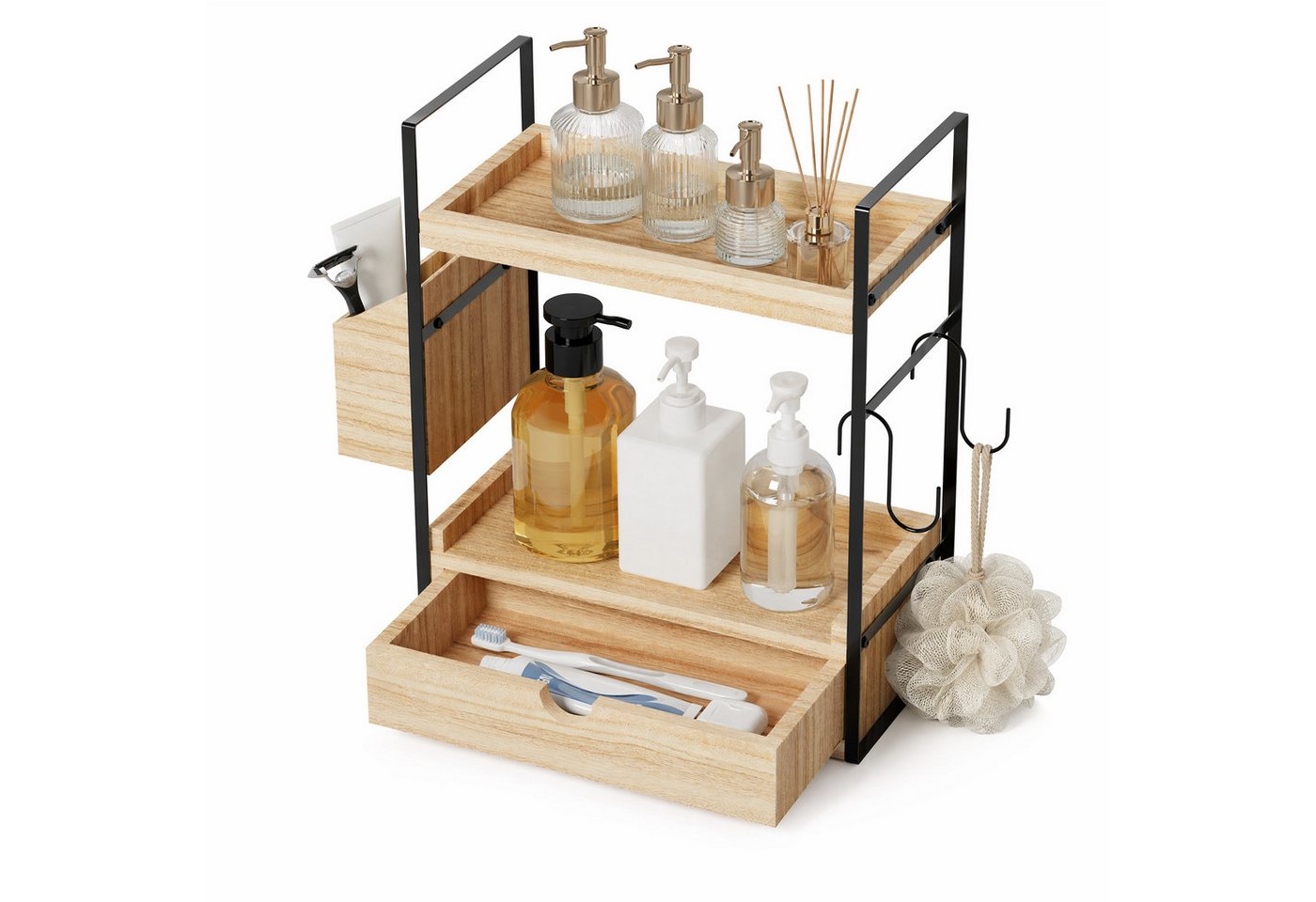 JEOBEST Standregal Badregal Küchenregal Gewürzregal, Multifunktionales Gewürzregal, (1St) 2-Ebenen Badezimmer Organizer mit Schubladen, Körben und 2 Haken Bild 4