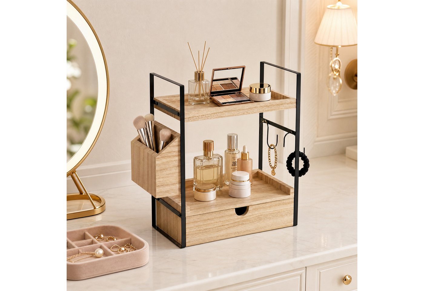 JEOBEST Standregal Badregal Küchenregal Gewürzregal, Multifunktionales Gewürzregal, (1St) 2-Ebenen Badezimmer Organizer mit Schubladen, Körben und 2 Haken Bild 5