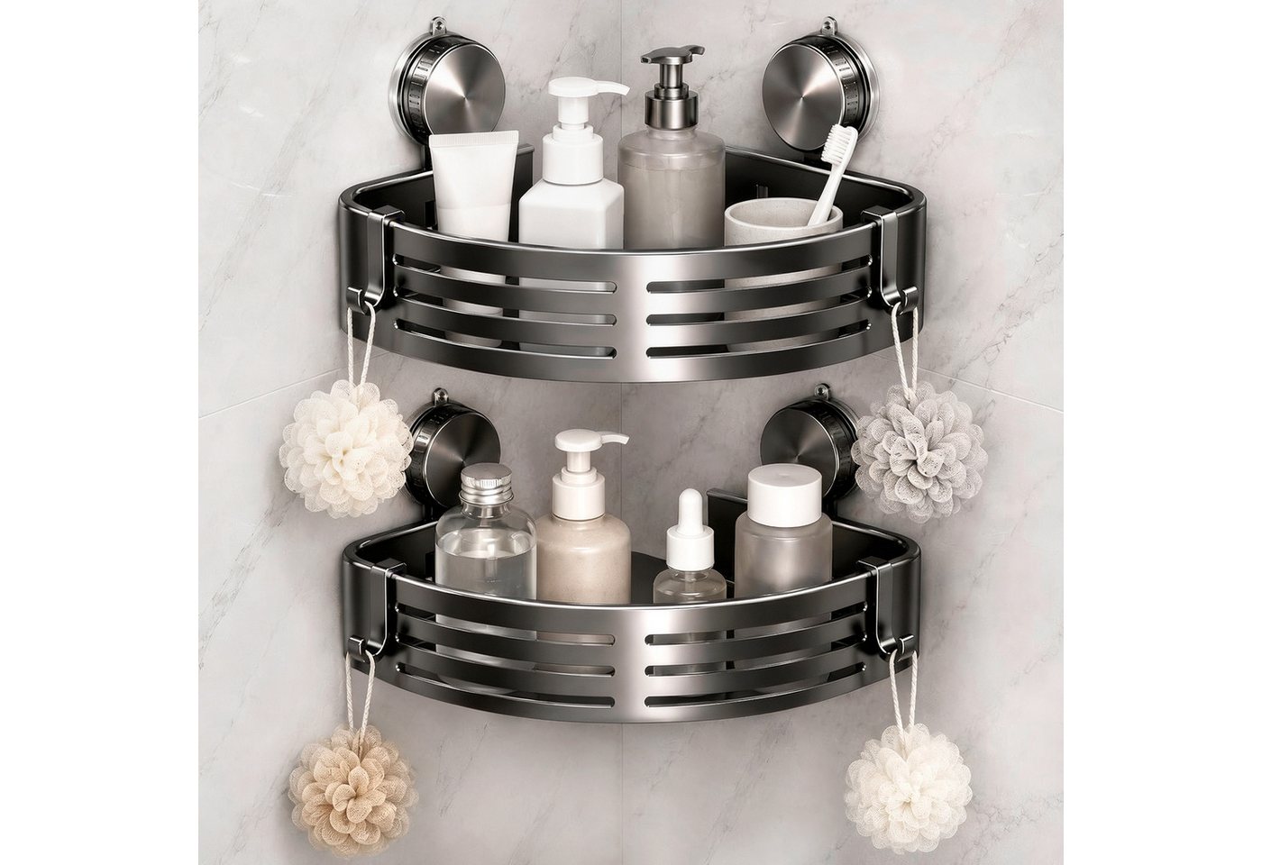 FANNOU Duschregal Duschablage ohne Bohren Ecke, 2er-Set Duschregal mit Saugnapf 8 Haken, Kunststoffmaterial, Badregal ohne Bohren, Eckregal Bad