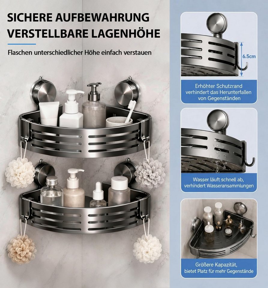 FANNOU Duschregal Duschablage ohne Bohren Ecke, 2er-Set Duschregal mit Saugnapf 8 Haken, Kunststoffmaterial, Badregal ohne Bohren, Eckregal Bad Bild 3