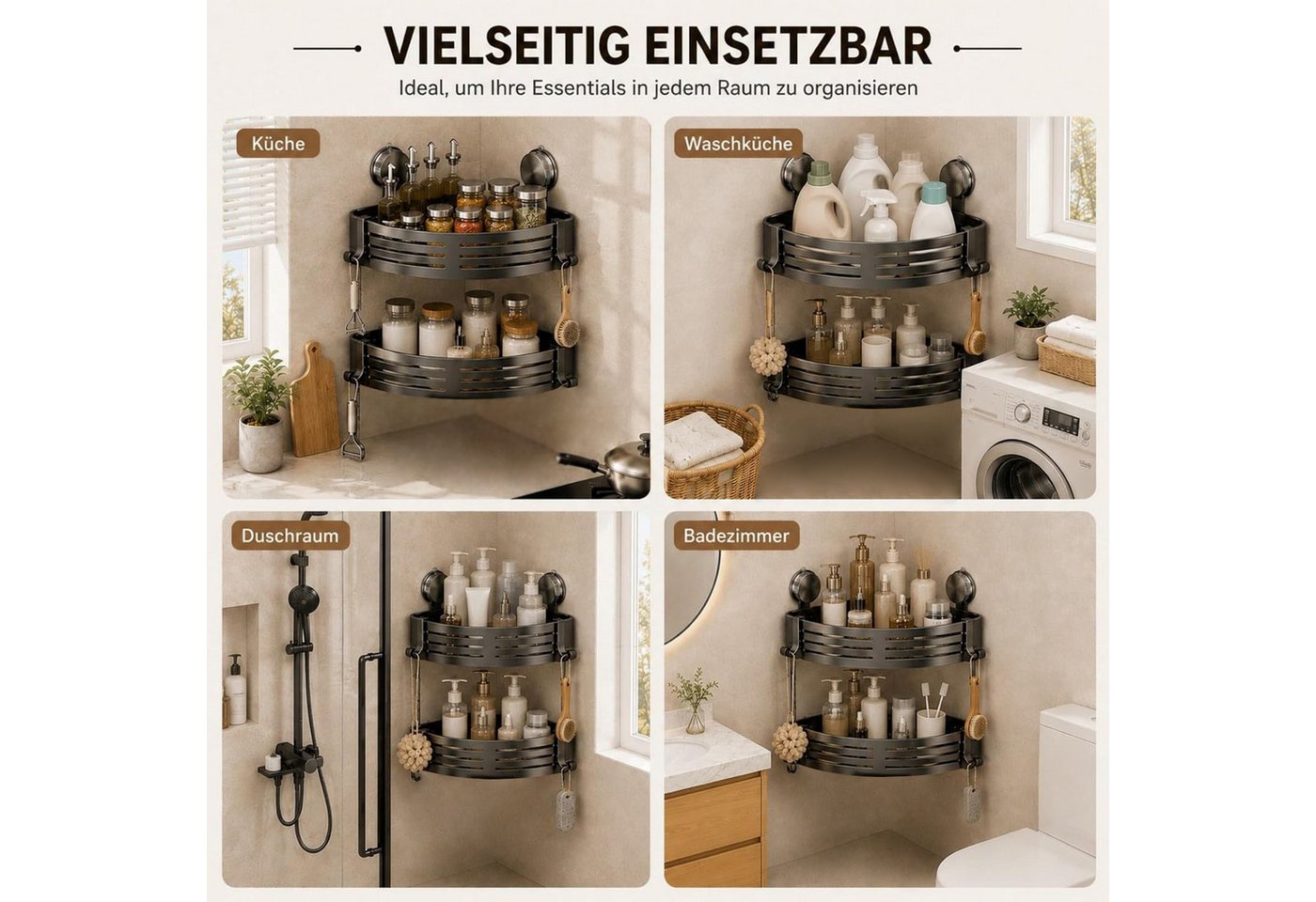 FANNOU Duschregal Duschablage ohne Bohren Ecke, 2er-Set Duschregal mit Saugnapf 8 Haken, Kunststoffmaterial, Badregal ohne Bohren, Eckregal Bad Bild 5