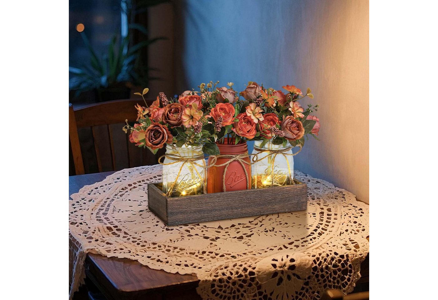 Kunstpflanze Holzkiste mit künstlichen Blumen Mason Jar, GarveeMore