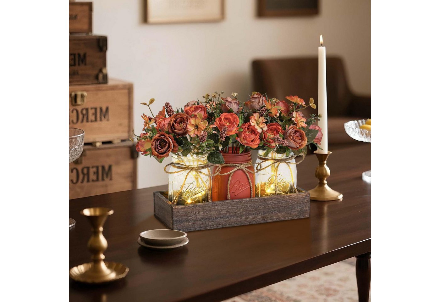 Kunstpflanze Holzkiste mit künstlichen Blumen Mason Jar, GarveeMore Bild 4