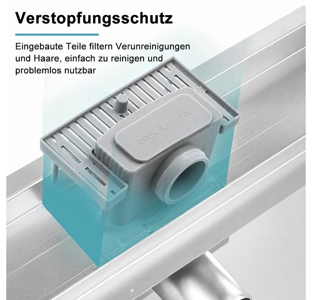 SaniteModar Duschrinne 80 cm, extra flache Strips‑Duschrinne aus Edelstahl, 1-St., Bodenablauf Komplettset mit Siphon und Haarsieb Bild 4
