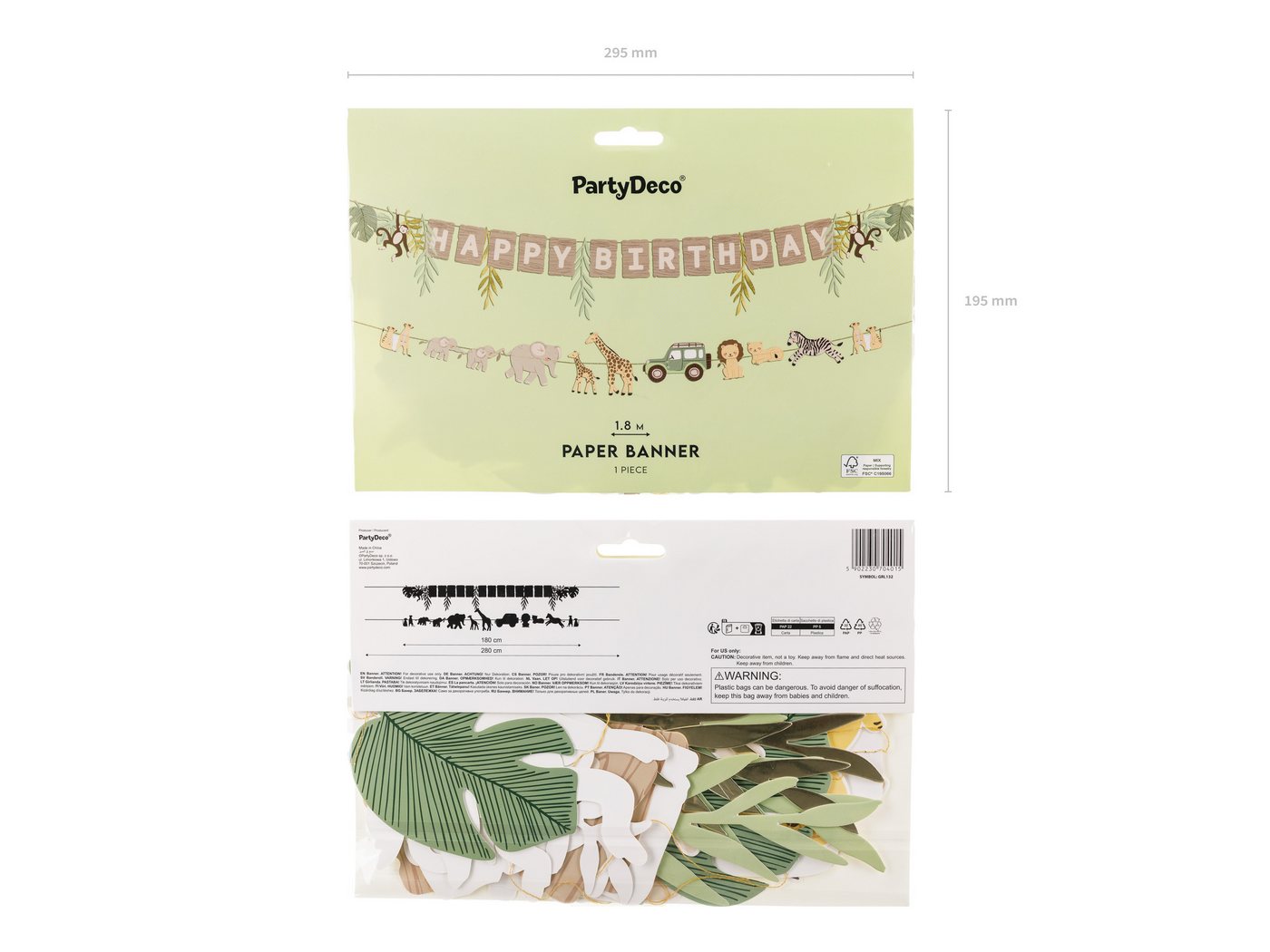 partydeco Girlande, Happy Birthday Girlande 180cm Safari Tiere Banner 2er Set Beige