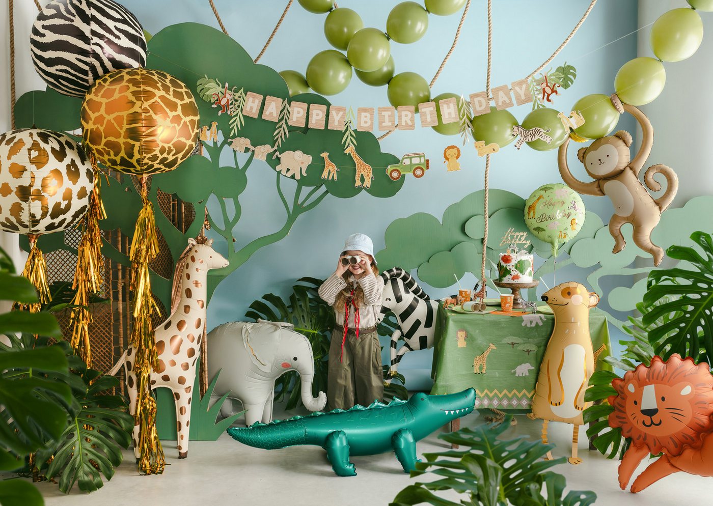 partydeco Girlande, Happy Birthday Girlande 180cm Safari Tiere Banner 2er Set Beige Bild 2