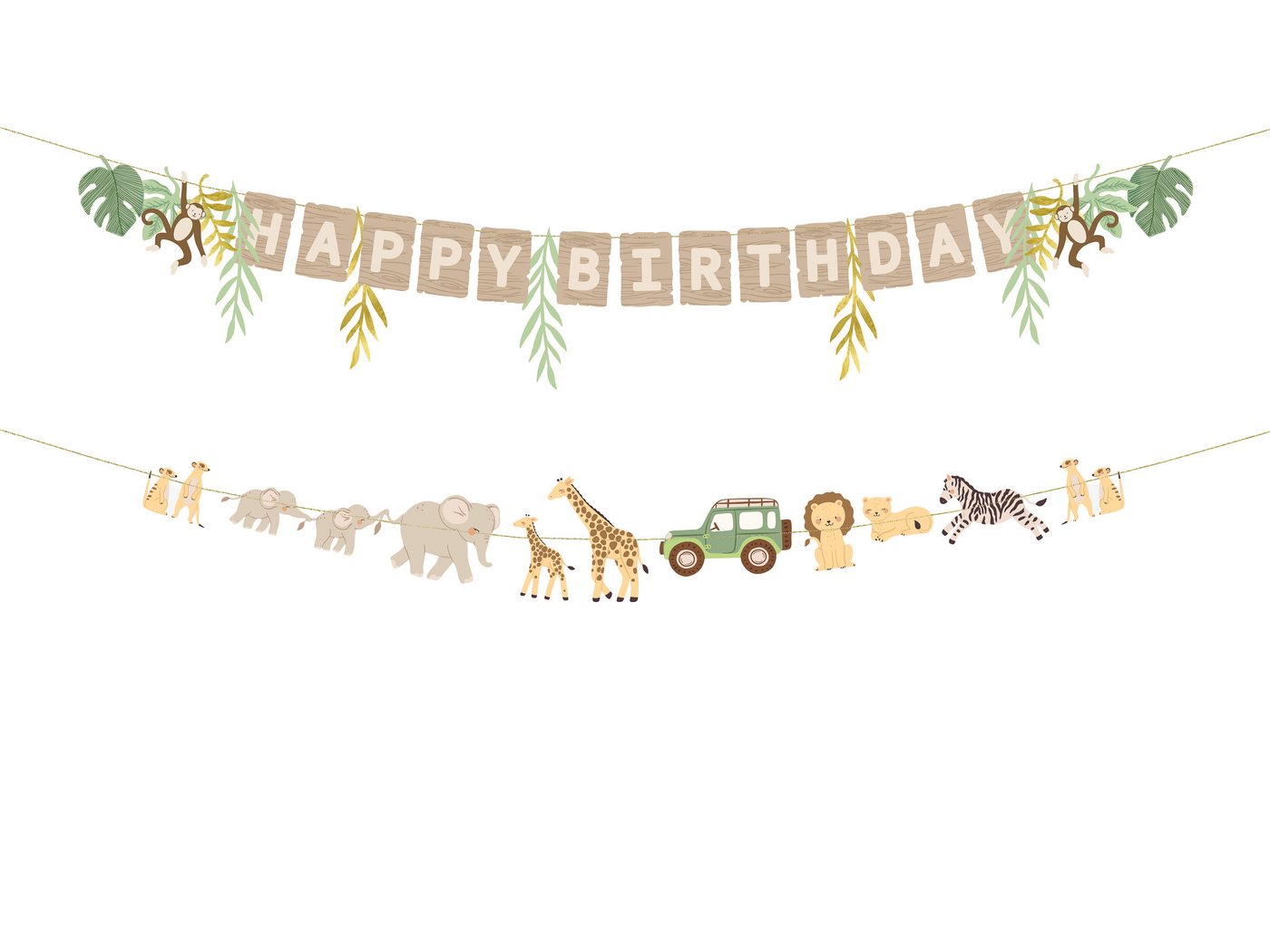 partydeco Girlande, Happy Birthday Girlande 180cm Safari Tiere Banner 2er Set Beige Bild 3