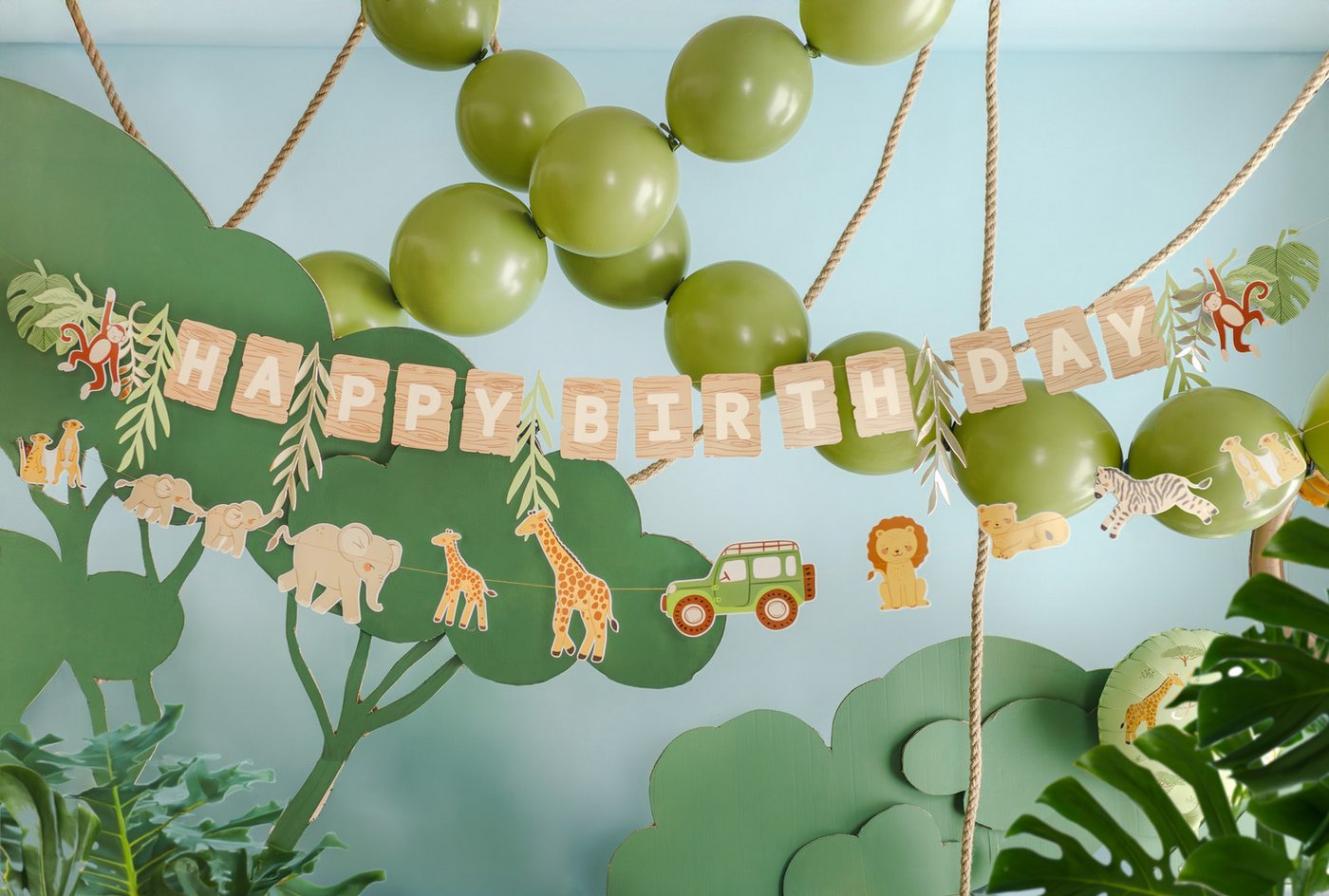 partydeco Girlande, Happy Birthday Girlande 180cm Safari Tiere Banner 2er Set Beige Bild 4