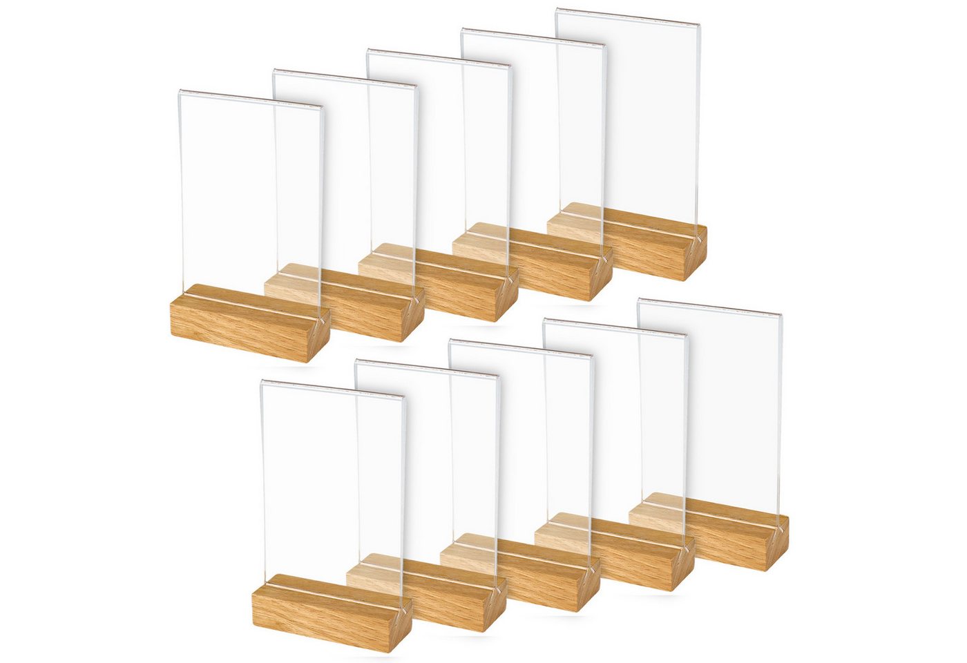 HMF Einzelrahmen Acryl Tischaufsteller im DIN A6 Hochformat, (10 St), Tischkartenhalter mit massivem Holzfuß aus Eiche T-Aufsteller Glasklar