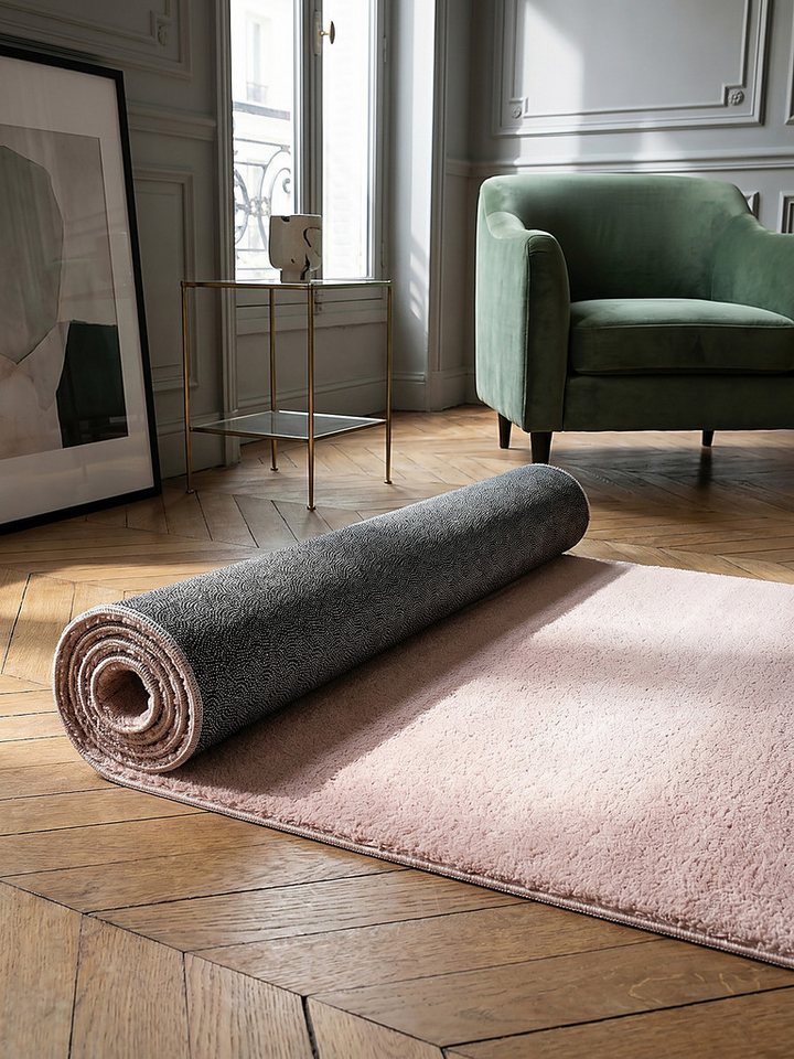 KADIMA DESIGN Teppich ALDAN Teppichläufer Puderrosa 60x110 Uni Polyester Antirutsch, Läufer, Höhe: 17 mm, Trittschalldämmend, Strapazierfähig, Pflegeleicht, Farbecht