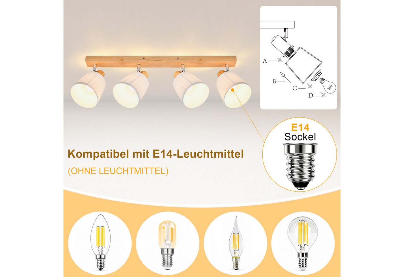 Nettlife Deckenstrahler Retro 1/2/3/4Flammig Holz Deckenleuchte E14 Vintage Boho Deckenspots, Schwenkbar 350°, ohne Leuchtmittel, für Wohnzimmer Schlafzimmer Küche Flur Bild 5