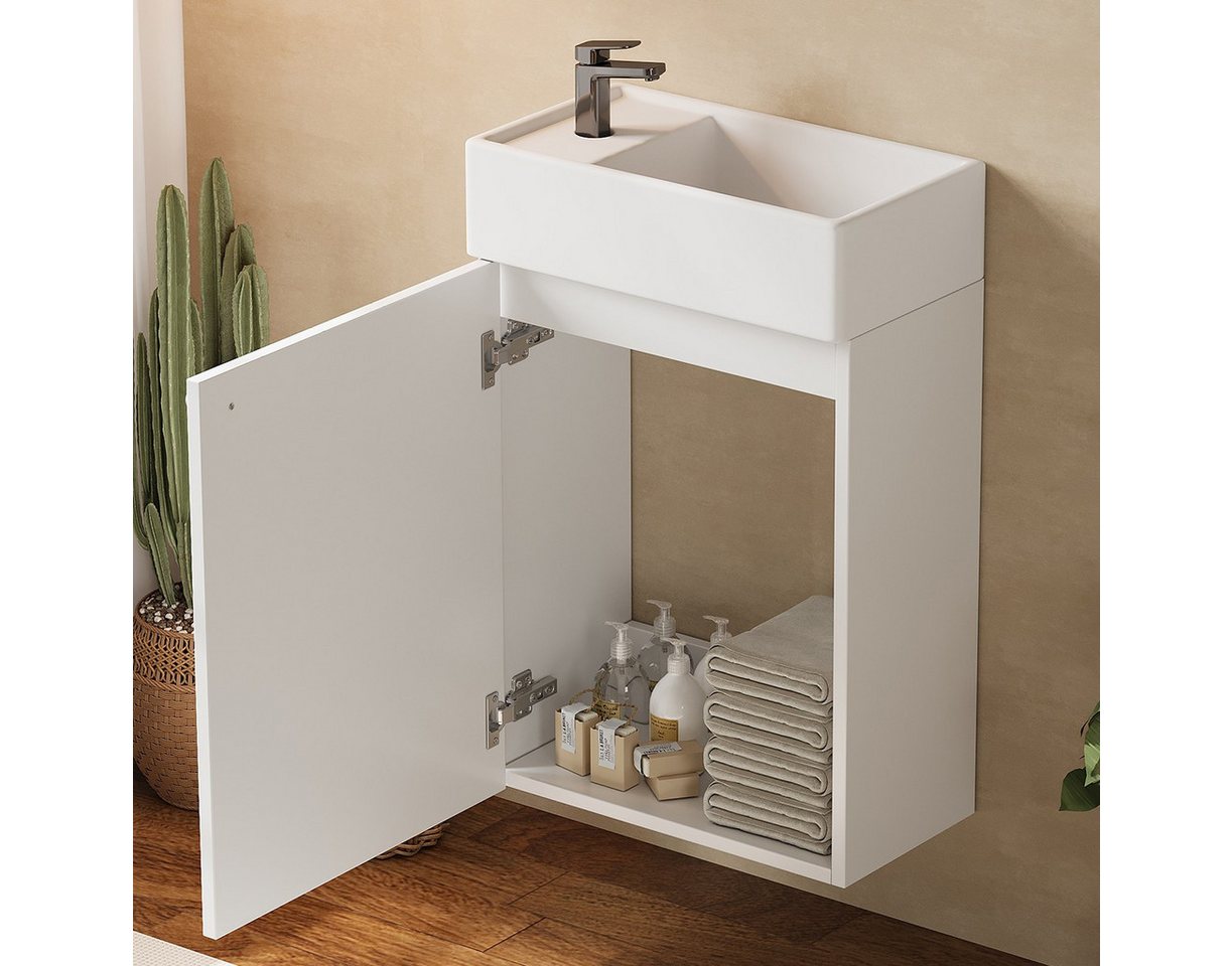 Flieks Waschtisch wandmontierter Waschbeckenunterschrank mit Keramikwaschbecken (wasser- und feuchtigkeitsbeständige Lackierung, 1-St., 41x23x62,5 cm), Badmöbel-Set Badezimmerschrank mit 1 Fächer, Soft-Close-Funktion, Weiß Bild 2