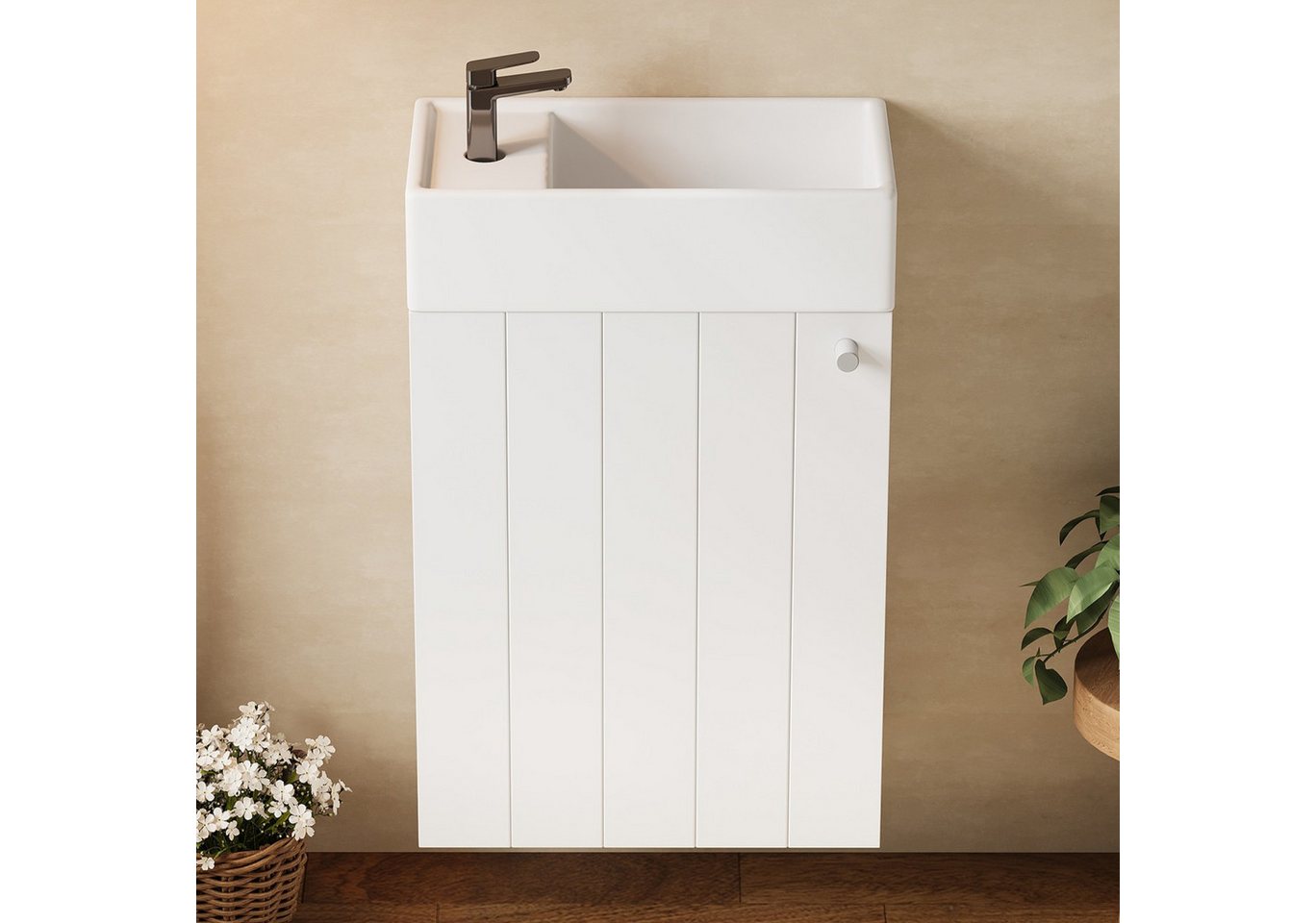 Flieks Waschtisch wandmontierter Waschbeckenunterschrank mit Keramikwaschbecken (wasser- und feuchtigkeitsbeständige Lackierung, 1-St., 41x23x62,5 cm), Badmöbel-Set Badezimmerschrank mit 1 Fächer, Soft-Close-Funktion, Weiß Bild 3