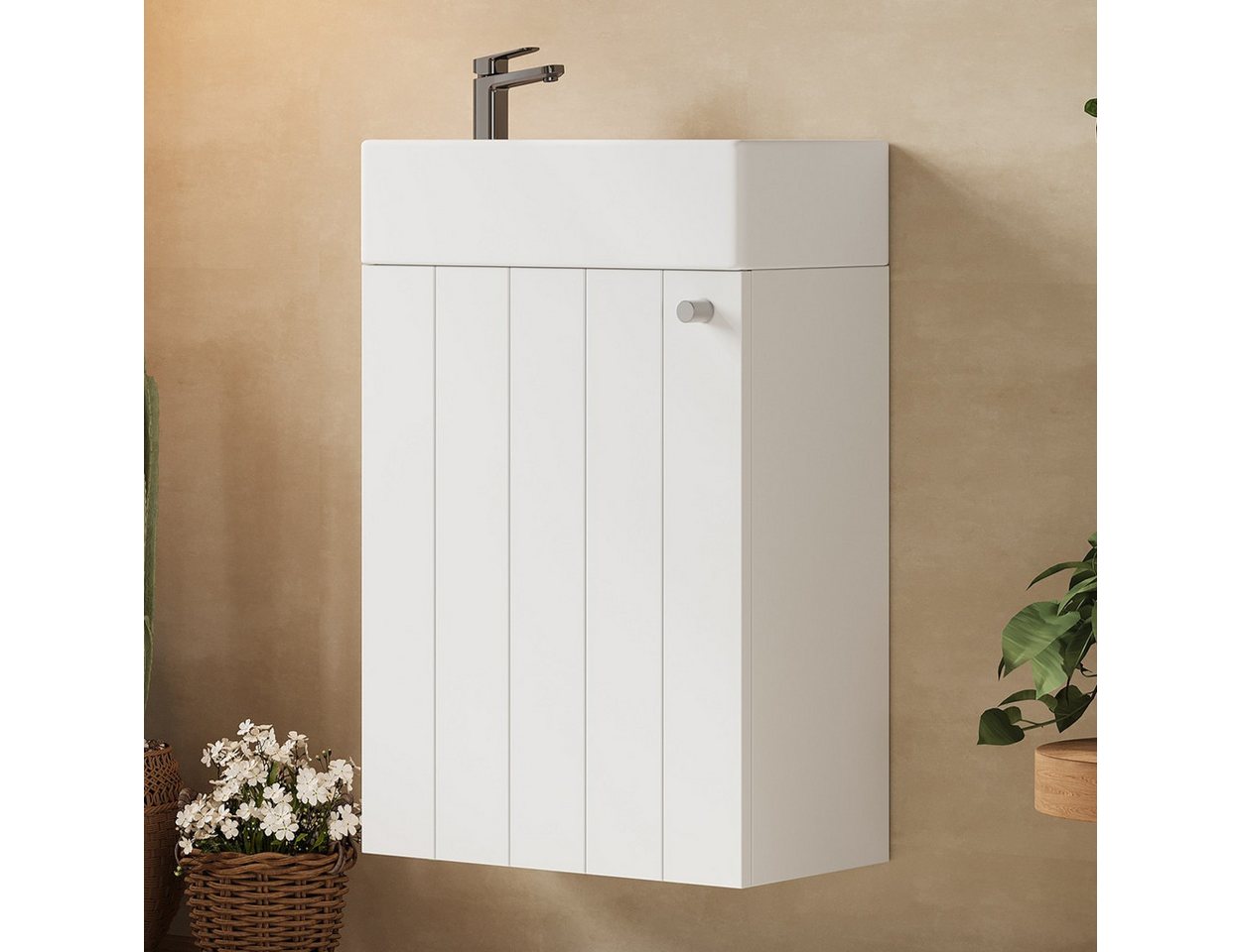 Flieks Waschtisch wandmontierter Waschbeckenunterschrank mit Keramikwaschbecken (wasser- und feuchtigkeitsbeständige Lackierung, 1-St., 41x23x62,5 cm), Badmöbel-Set Badezimmerschrank mit 1 Fächer, Soft-Close-Funktion, Weiß Bild 4