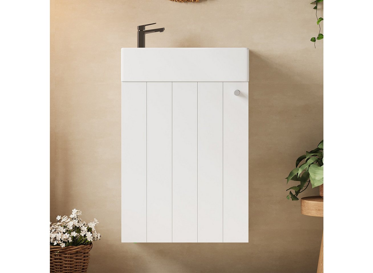 Flieks Waschtisch wandmontierter Waschbeckenunterschrank mit Keramikwaschbecken (wasser- und feuchtigkeitsbeständige Lackierung, 1-St., 41x23x62,5 cm), Badmöbel-Set Badezimmerschrank mit 1 Fächer, Soft-Close-Funktion, Weiß Bild 5