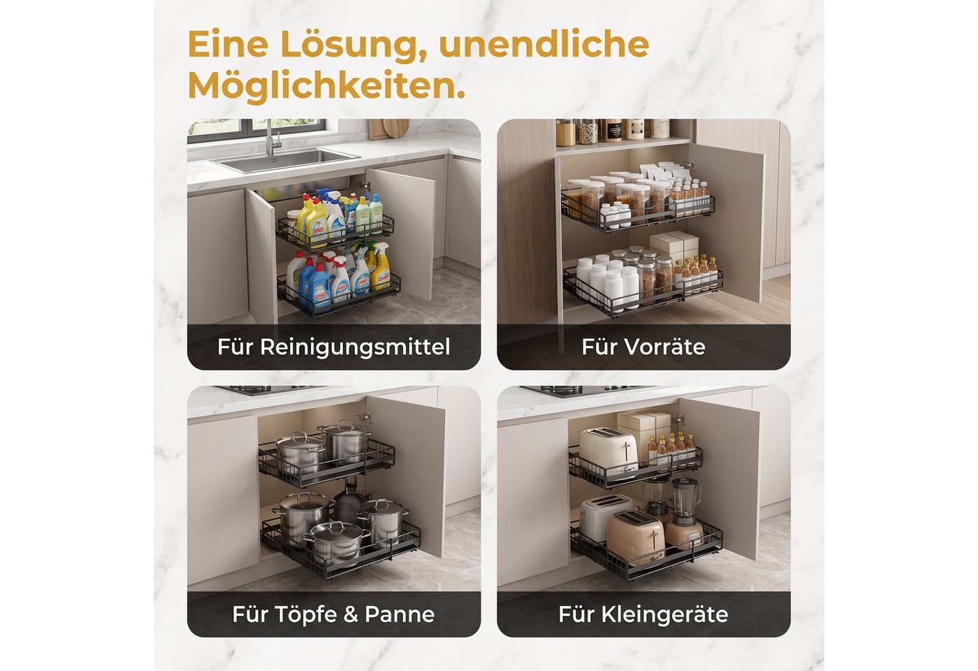 AKKEE Küchenorganizer-Set 2 Stück Teleskopschublade, Faltbare Ausziehbarer Schrank Organizer, Slide Out Schrank,Kein Bohren erforderlich,geeignet für Küche,Schränke