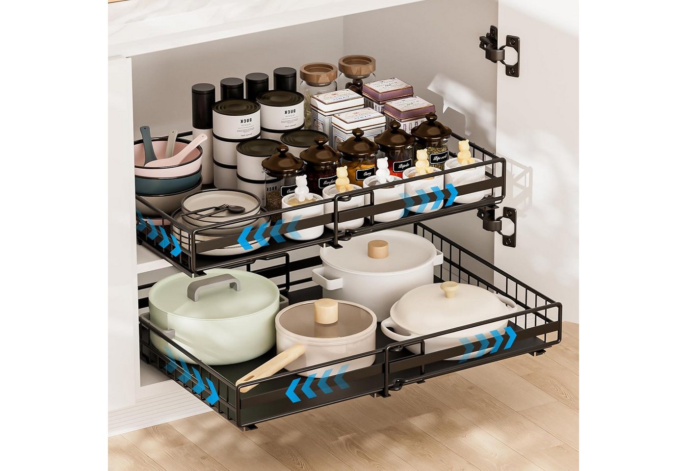 AKKEE Küchenorganizer-Set 2 Stück Teleskopschublade, Faltbare Ausziehbarer Schrank Organizer, Slide Out Schrank,Kein Bohren erforderlich,geeignet für Küche,Schränke Bild 2