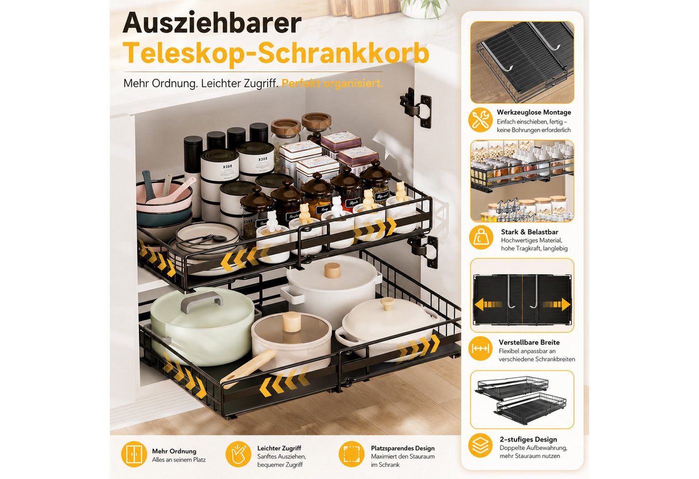 AKKEE Küchenorganizer-Set 2 Stück Teleskopschublade, Faltbare Ausziehbarer Schrank Organizer, Slide Out Schrank,Kein Bohren erforderlich,geeignet für Küche,Schränke Bild 3