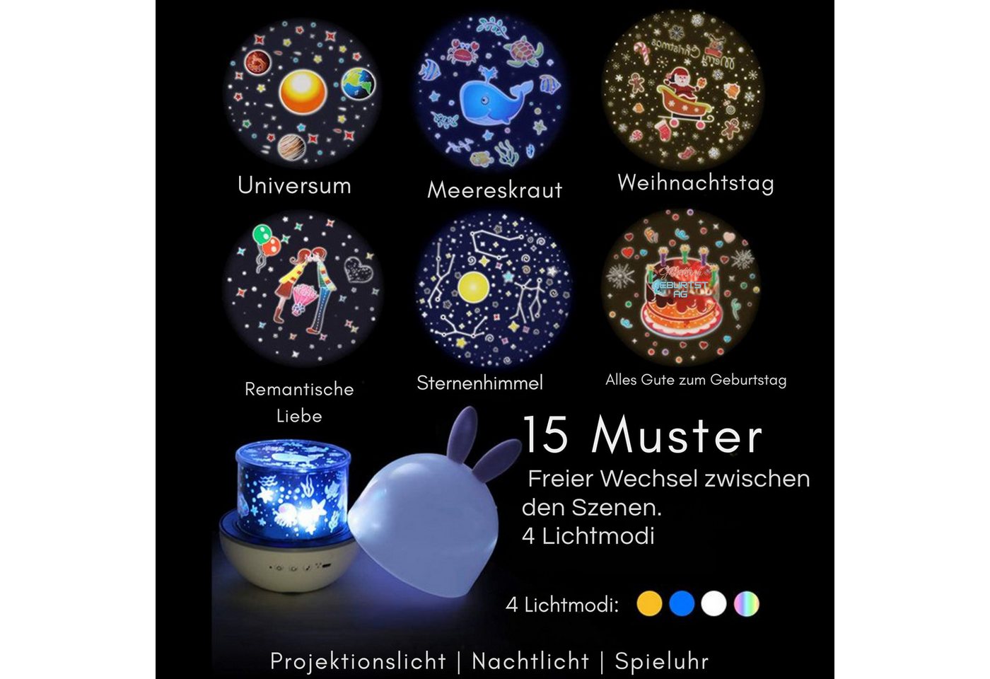 Vivitar LED-Sternenhimmel Hasen-Nachtlicht-Projektor für Kinder mit 15 Mustern, 360°-Drehung, Wiederaufladbar & kabellos, 1200-mAh-Akku, über USB aufladbar, Fernbedienung, Nachtlicht für das Kinderzimmer, Baby-Nachtlicht, Dekoration, Geschenk für Mädchen und Jungen, Bluetooth-Lautsprecher, 4 Helligkeitsstufen, 15/30/60-Minuten-Timer Bild 2