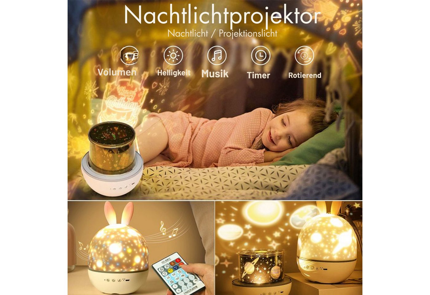 Vivitar LED-Sternenhimmel Hasen-Nachtlicht-Projektor für Kinder mit 15 Mustern, 360°-Drehung, Wiederaufladbar & kabellos, 1200-mAh-Akku, über USB aufladbar, Fernbedienung, Nachtlicht für das Kinderzimmer, Baby-Nachtlicht, Dekoration, Geschenk für Mädchen und Jungen, Bluetooth-Lautsprecher, 4 Helligkeitsstufen, 15/30/60-Minuten-Timer Bild 4