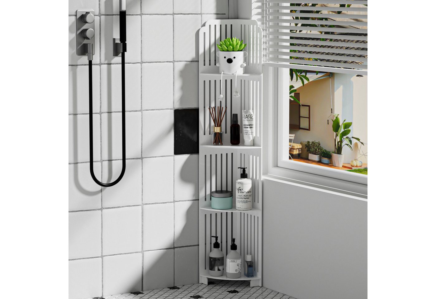 Rutaqian Eckhängeschrank Eckregal fürs Badezimmer, 4-stöckiger Badezimmerschrank, 21x21x120 cm (PVC-Eckregal, Schmaler Badezimmerschrank mit Hohlem Design) Bild 4