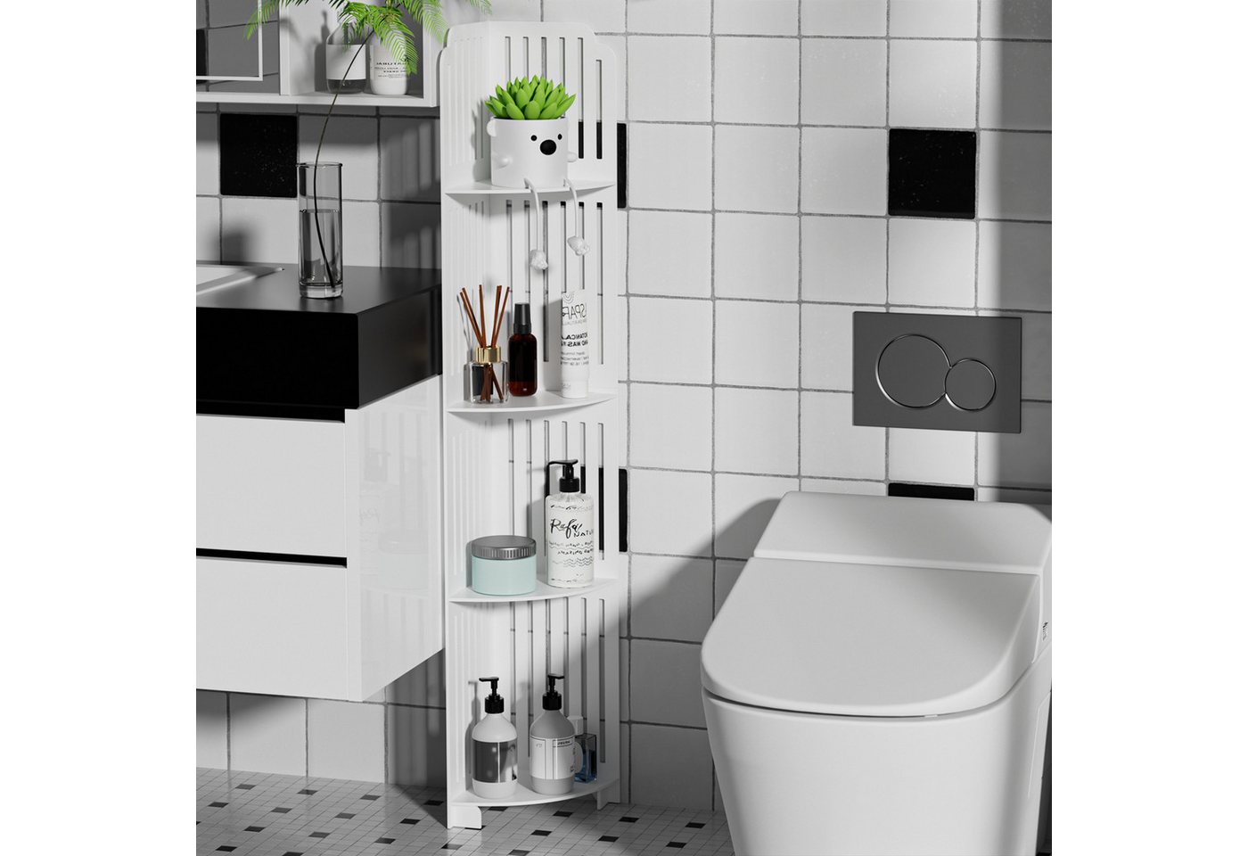 Rutaqian Eckhängeschrank Eckregal fürs Badezimmer, 4-stöckiger Badezimmerschrank, 21x21x120 cm (PVC-Eckregal, Schmaler Badezimmerschrank mit Hohlem Design) Bild 5