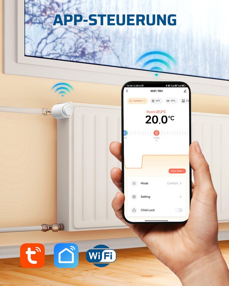 DEWENWILS Heizkörperthermostat Smartes WiFi, (inkl. Adapter-Set (RA, RAV, RAVL, Caleffi, Giacomini sowie M28) Programmierbar Heizungsthermostat