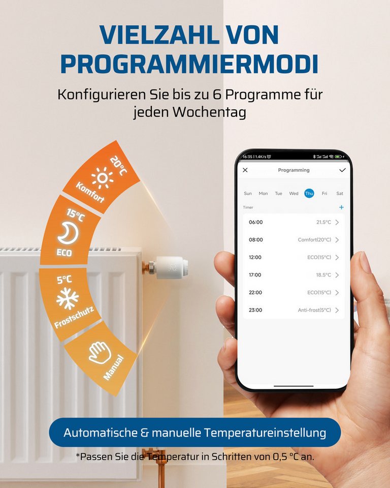 DEWENWILS Heizkörperthermostat Smartes WiFi, (inkl. Adapter-Set (RA, RAV, RAVL, Caleffi, Giacomini sowie M28) Programmierbar Heizungsthermostat Bild 5
