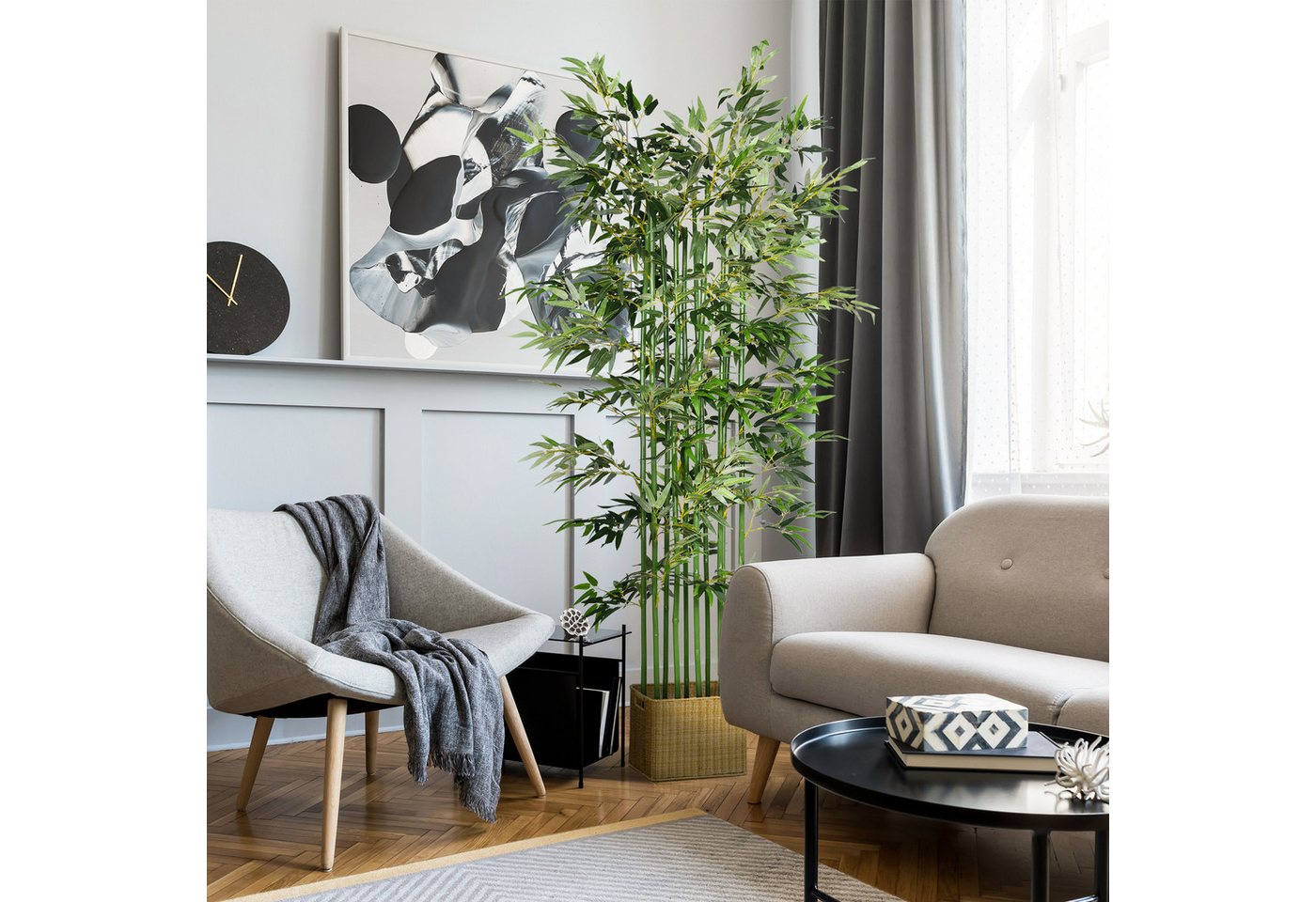 Kunstpflanze 180 cm, im Kiefernholztopf Bambus, HOMCOM, Höhe 180 cm, für Indoor, Outdoor, Dekopflanzen, Grün