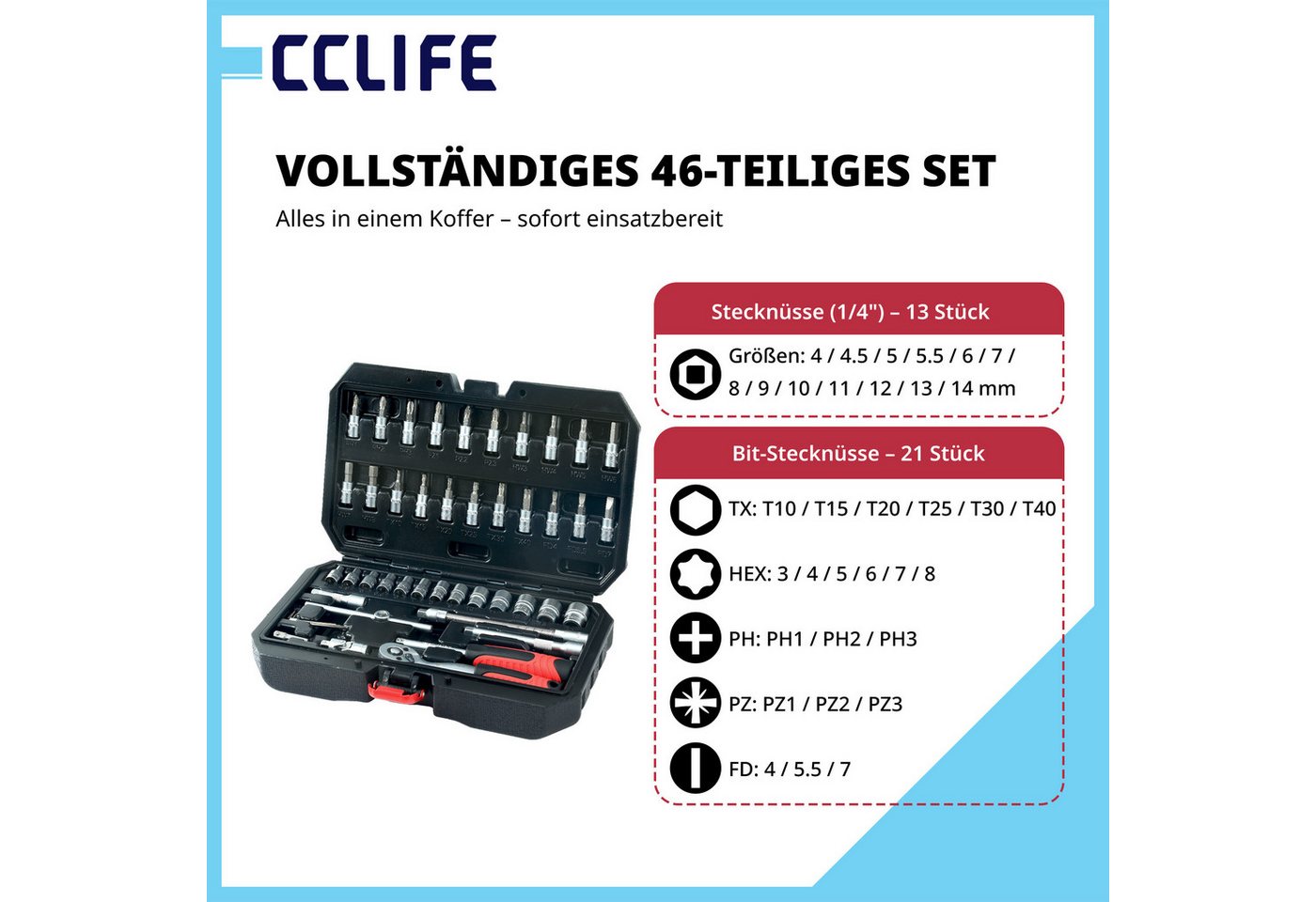 CCLIFE Steckschlüssel CCLIFE Steckschlüsselsatz, Ratschenkasten im Werkzeugkoffer (46 St)