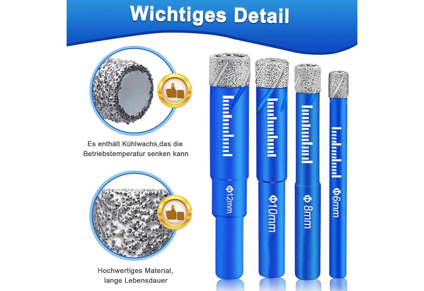 AFKSMILE Bohrersatz Fliesenbohrer Diamantbohrer Glasbohrer Set, 5, 6, 8, 10, 12 mm, (6-tlg), Feinsteinzeug Diamant Fliesen Bohrer und 6mm Metall Bohren, Glasbohrer Bild 3