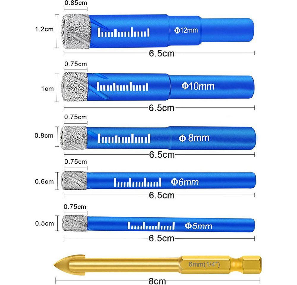 AFKSMILE Bohrersatz Fliesenbohrer Diamantbohrer Glasbohrer Set, 5, 6, 8, 10, 12 mm, (6-tlg), Feinsteinzeug Diamant Fliesen Bohrer und 6mm Metall Bohren, Glasbohrer Bild 4