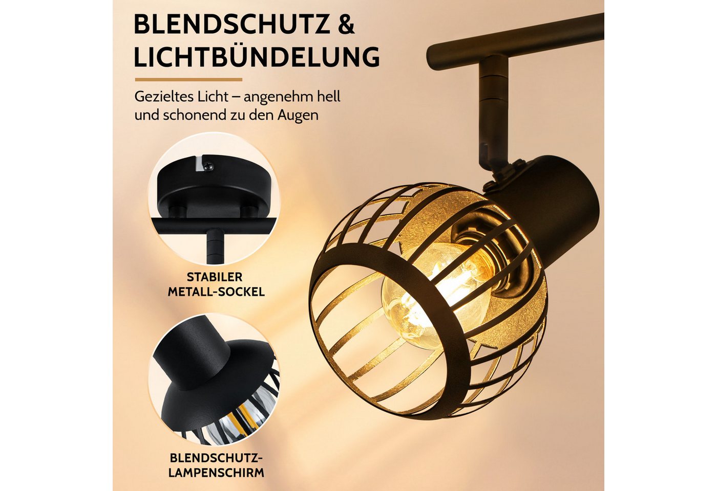 Nettlife Deckenstrahler 1/2/3flammig Schwarz Retro E14 Wandlampe Industrie Deckenspot, ohne Leuchtmittel, Käfiglampe aus Metall Wandspot für Schlafzimmer Flur Bild 4