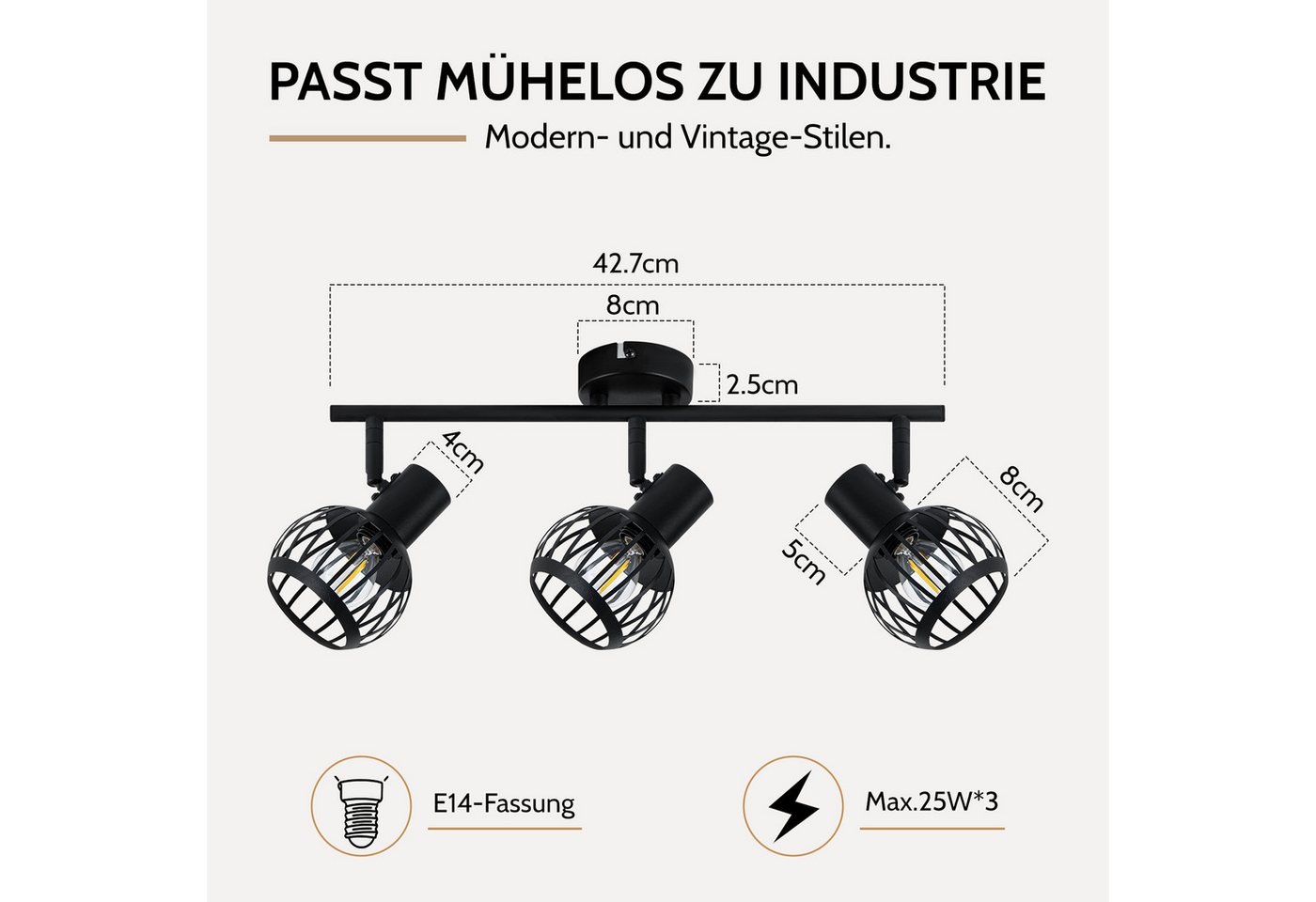Nettlife Deckenstrahler 1/2/3flammig Schwarz Retro E14 Wandlampe Industrie Deckenspot, ohne Leuchtmittel, Käfiglampe aus Metall Wandspot für Schlafzimmer Flur Bild 5