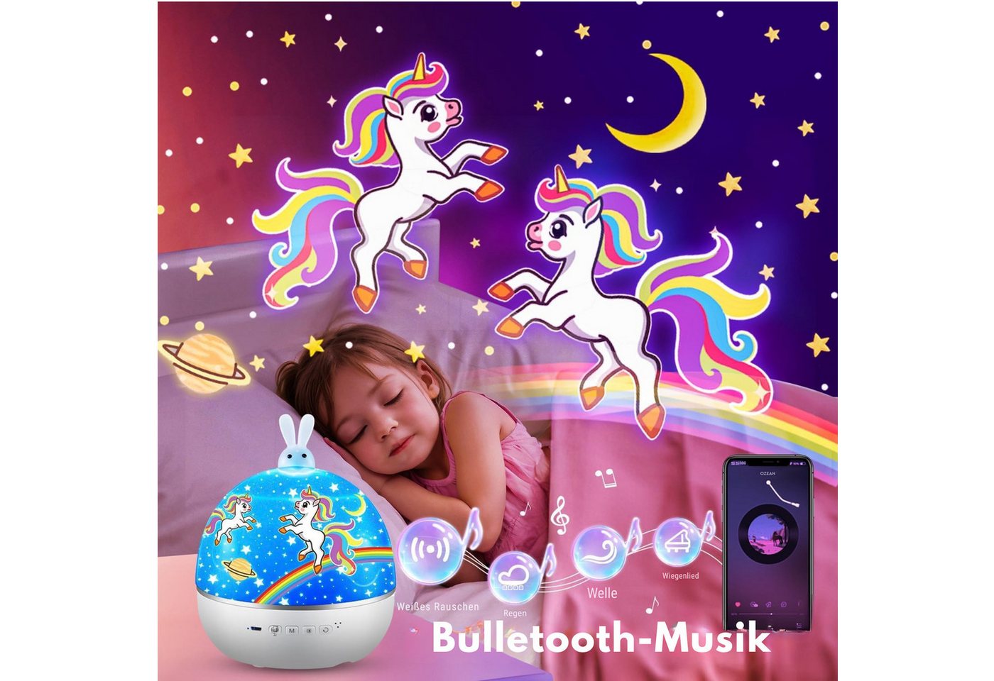 Vivitar LED-Sternenhimmel Projektor Nachtlicht, 15 Projektionsmotive, 315 Beleuchtungsmodi, Personalisierte Geschenke für Kinder, 360°-Drehung, Bluetooth-Lautsprecher, Fernbedienung, 3 Helligkeitsstufen, 15/30/60 Min. Timer, über USB aufladbar, Sternenprojektor für Kinderzimmer, Baby-Nachtlicht, Geschenk für Mädchen und Jungen, Einhorn, Dinosaurier, Astronauten-Projektor, Kinderzimmer dekoration